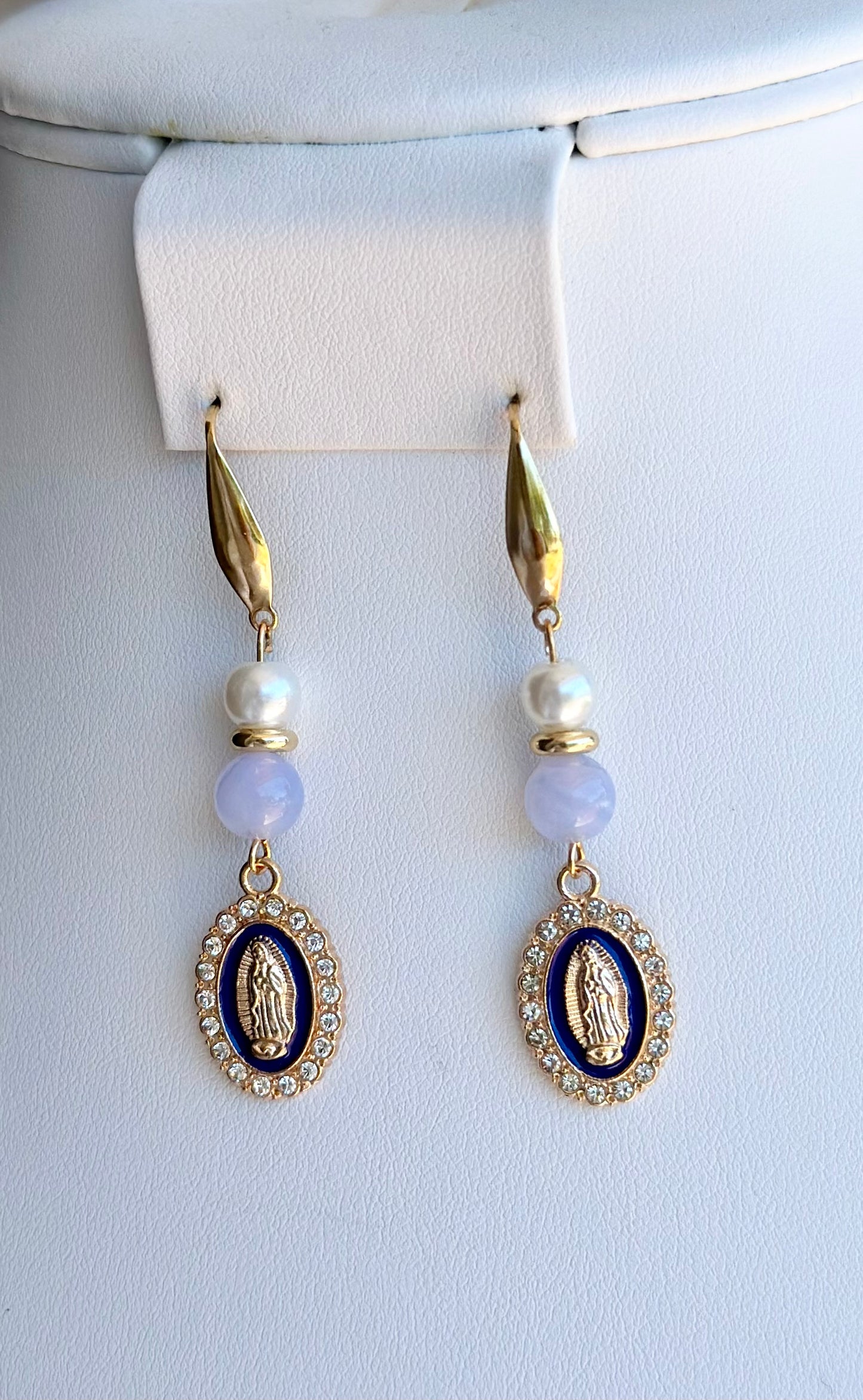 Virgen de Guadalupe Dangle and Drop Earrings in Blue and Ivory