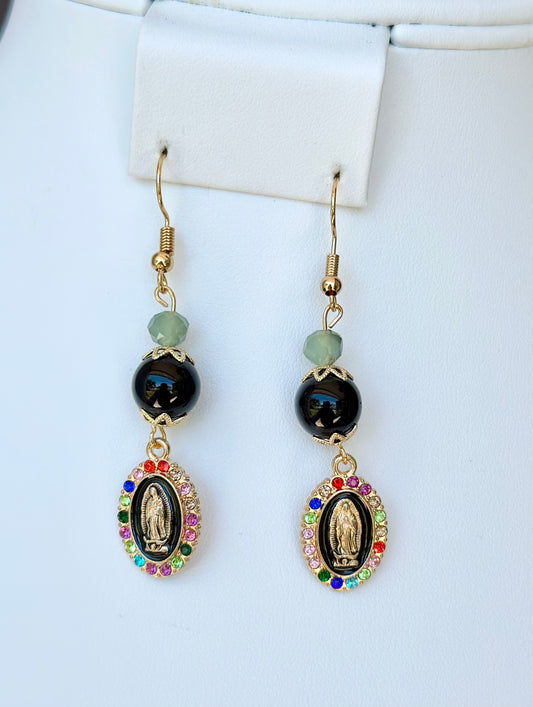 Virgen de Guadalupe Dangle and Drop Earrings in Black and Green