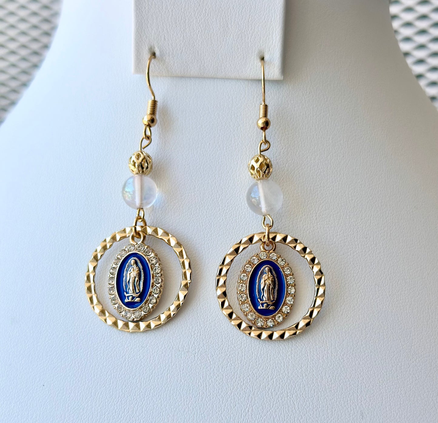 Virgen de Guadalupe Dangle and Drop Earrings in Blue and Clear