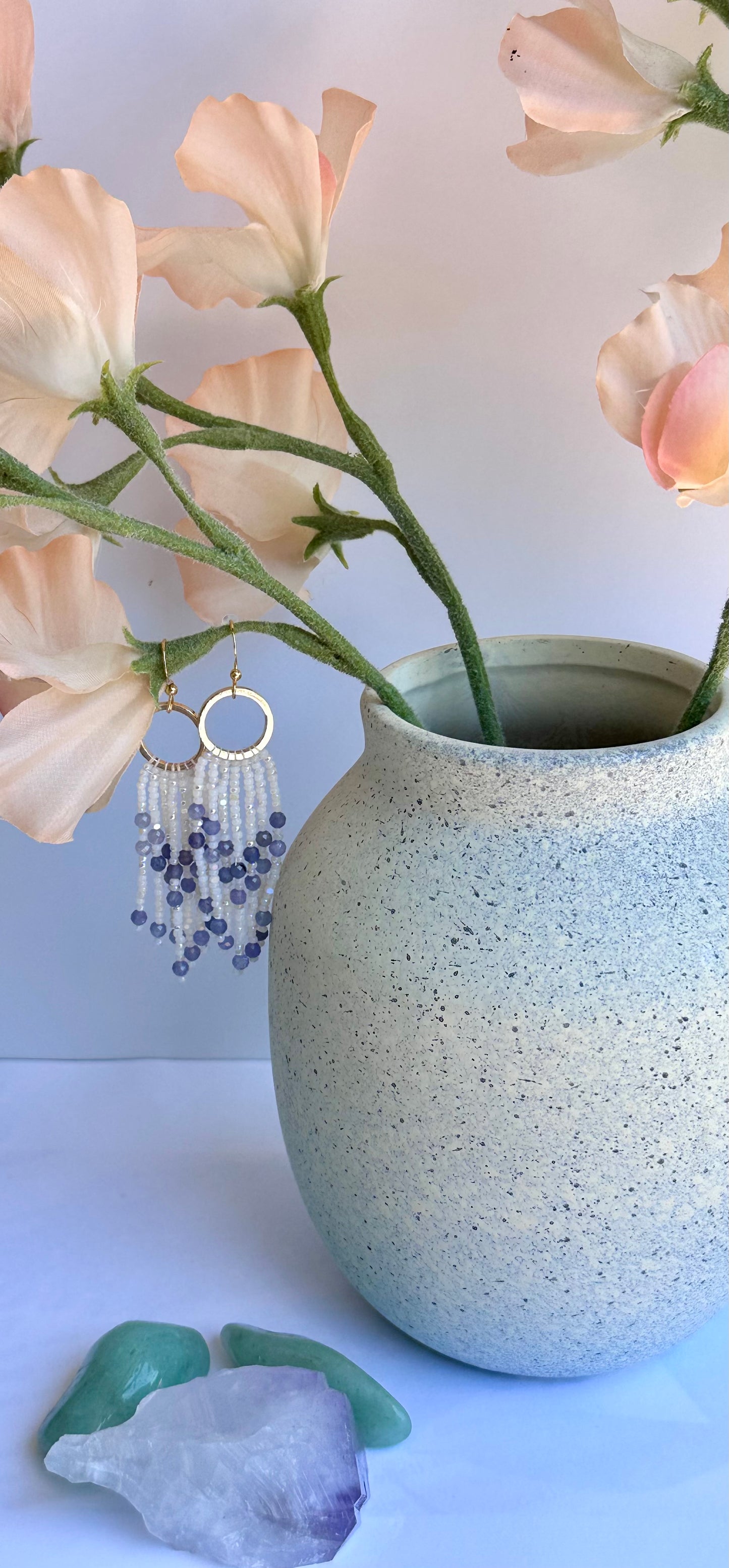 Beaded Fringe Earrings in White, Blue, and Gold