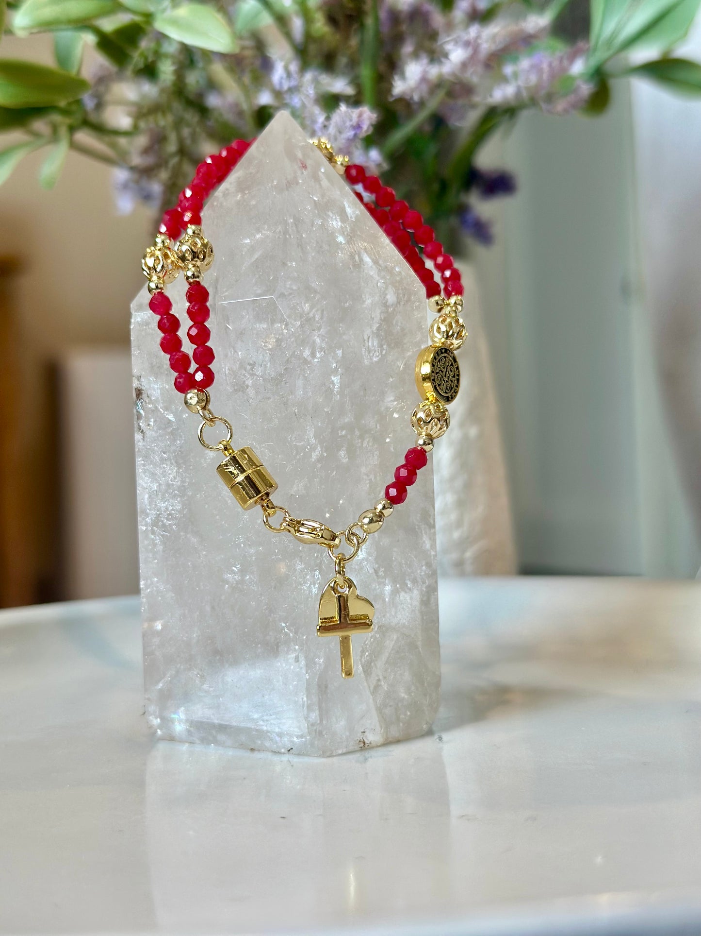 Rosary Bracelet in Red and Gold.