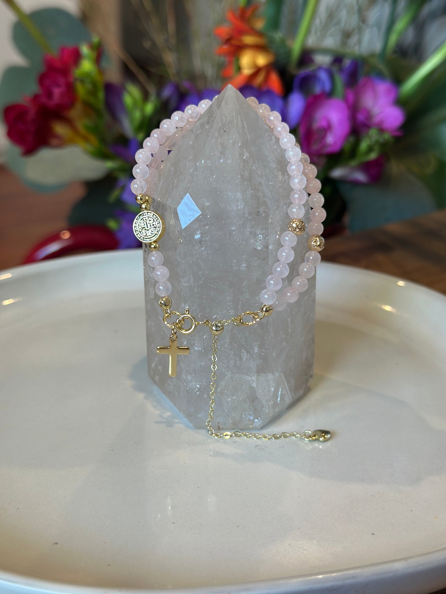 Rosary Bracelet in Pink and Gold.