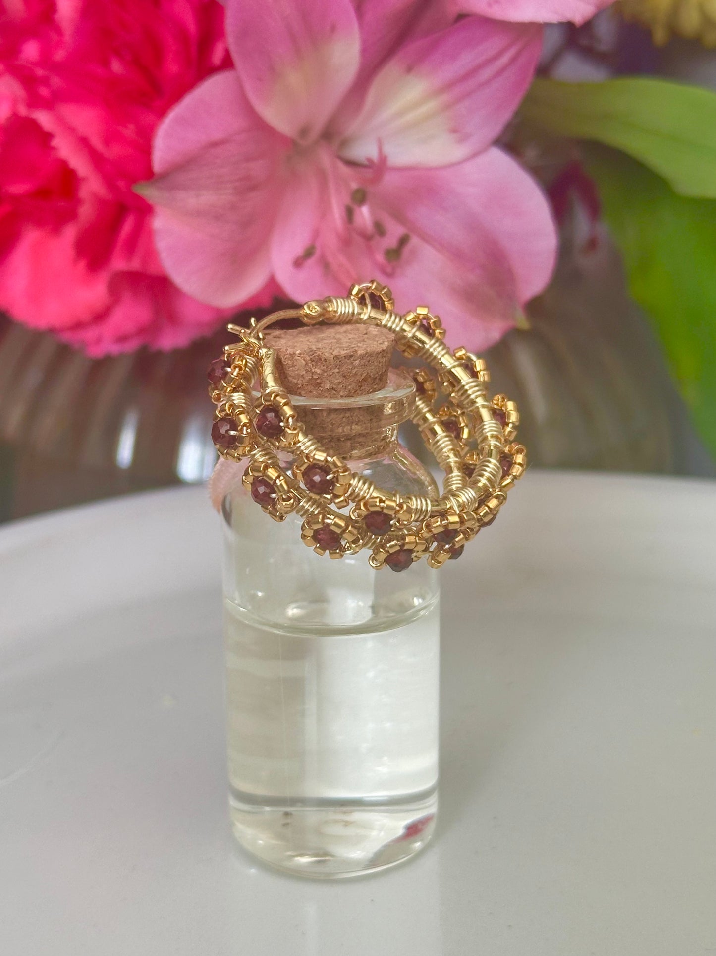 Hoop Earrings in Gold and Wine Red.