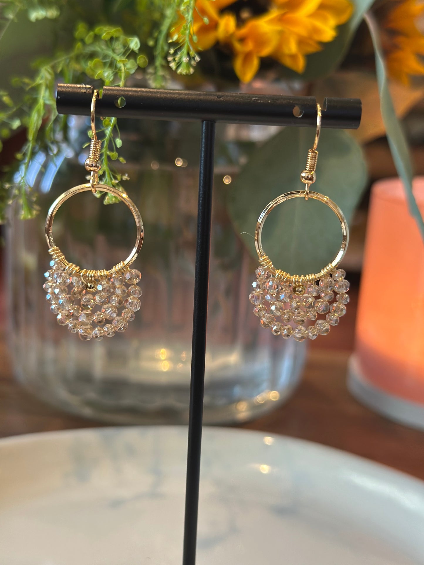 Dangle and Drop Earrings in Champagneand Gold.