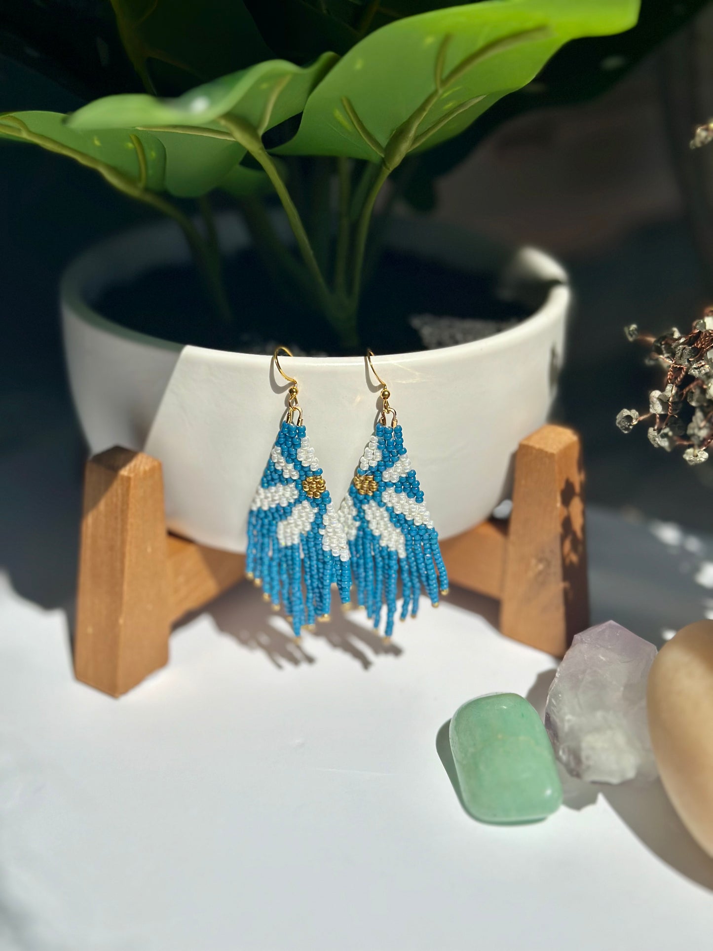 Beaded Fringe Earrings in Blue, White and Gold