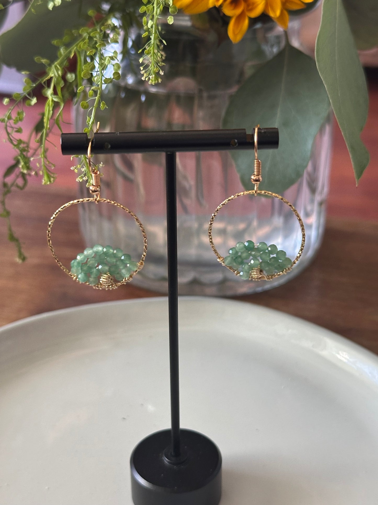 Dangle and Drop Earrings in Green and Gold.