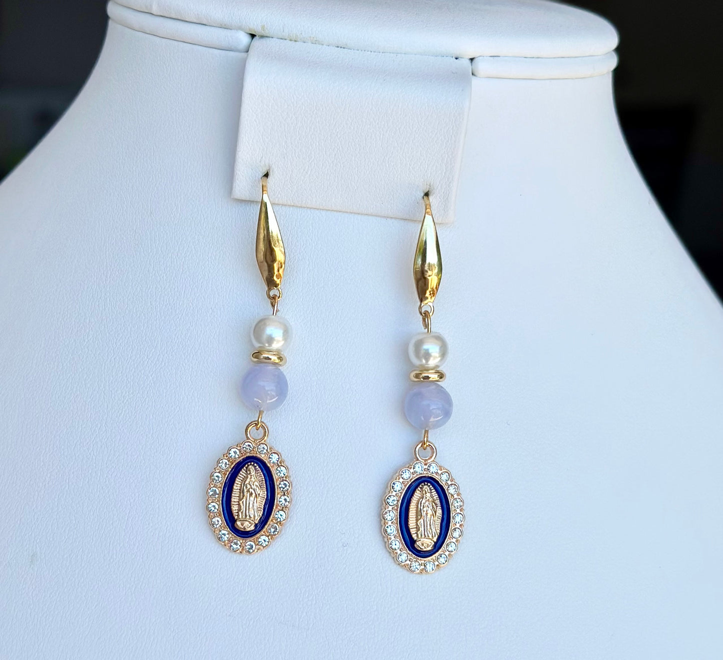 Virgen de Guadalupe Dangle and Drop Earrings in Blue and Ivory