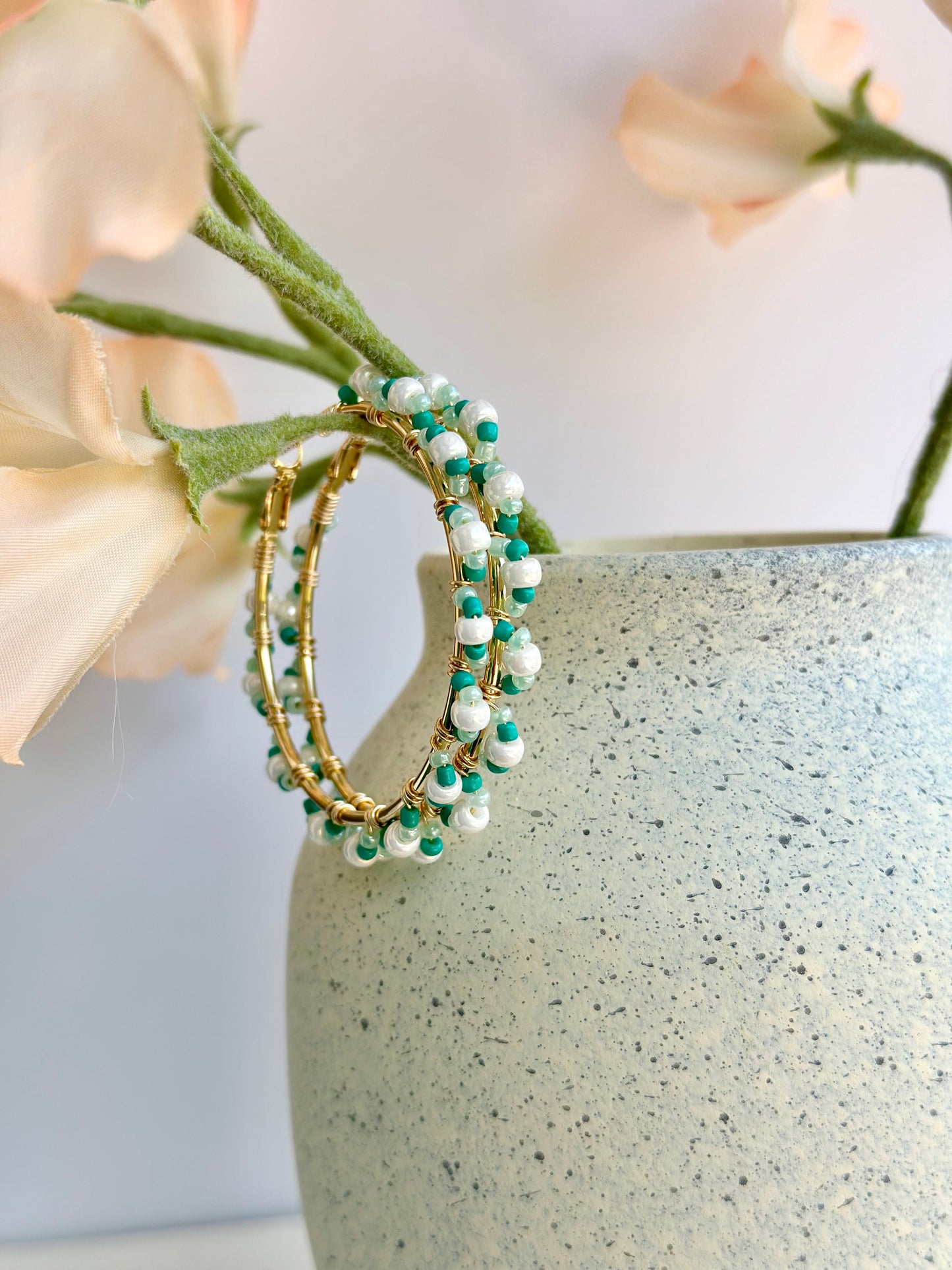 Hoop Earrings with Aqua and White