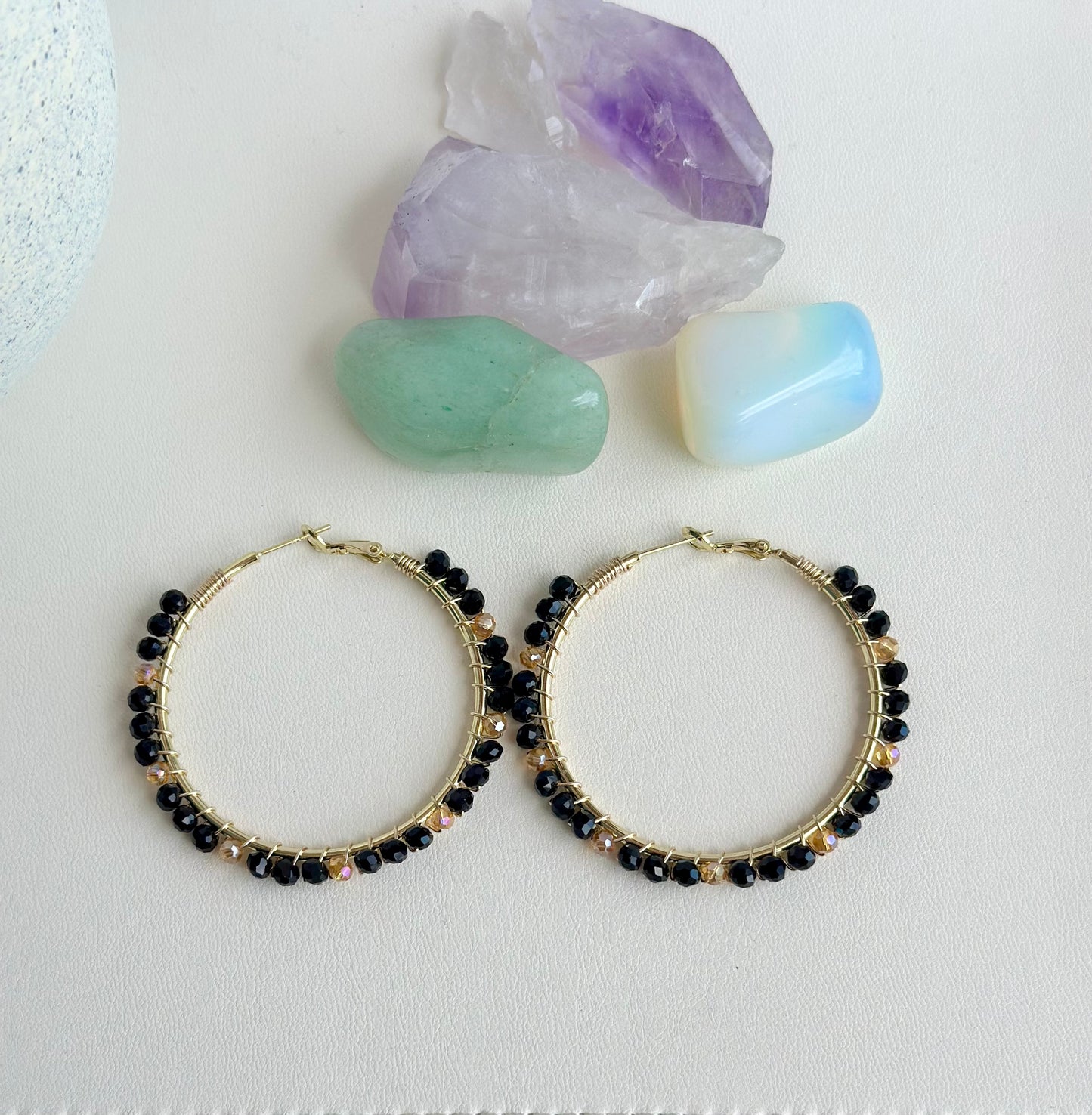 Hoop Earrings with Black and Gold Glass Beads (40mm)