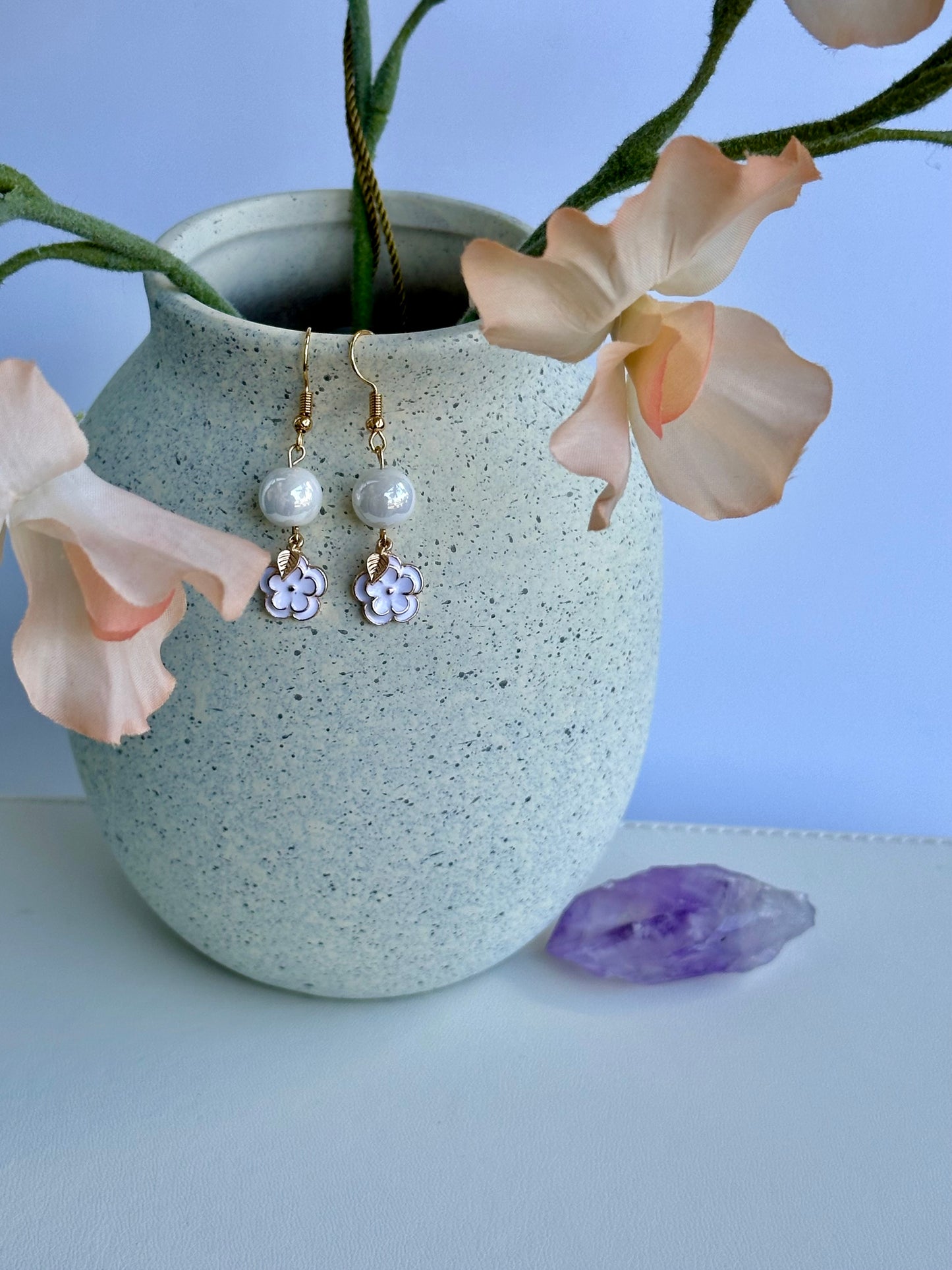 Dangle and Drop Earrings Set in White Pearl Beads