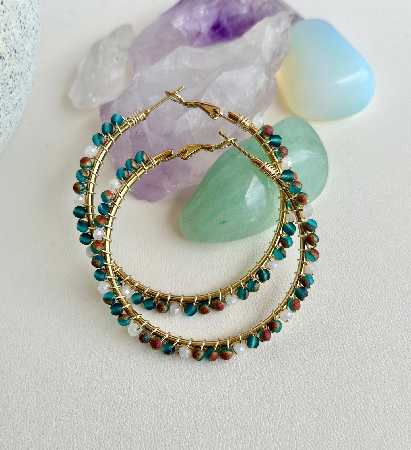 Hoop Earrings In Blue Green and White glass Beads (40mm)