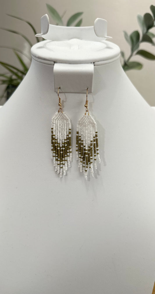 Beaded Fringe Earrings in White and Green