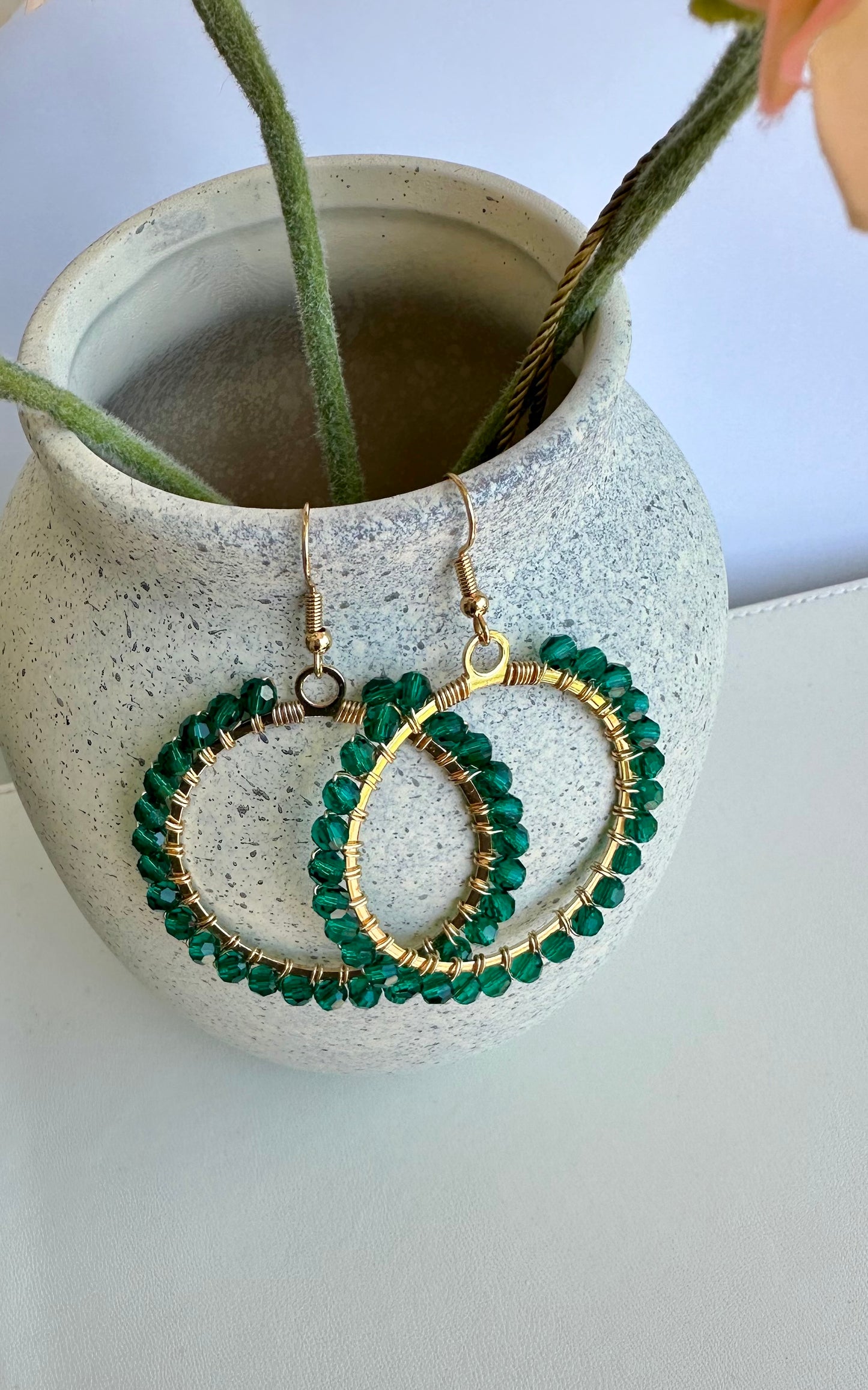 Dangle and Drop Hoop Earrings Set in Green