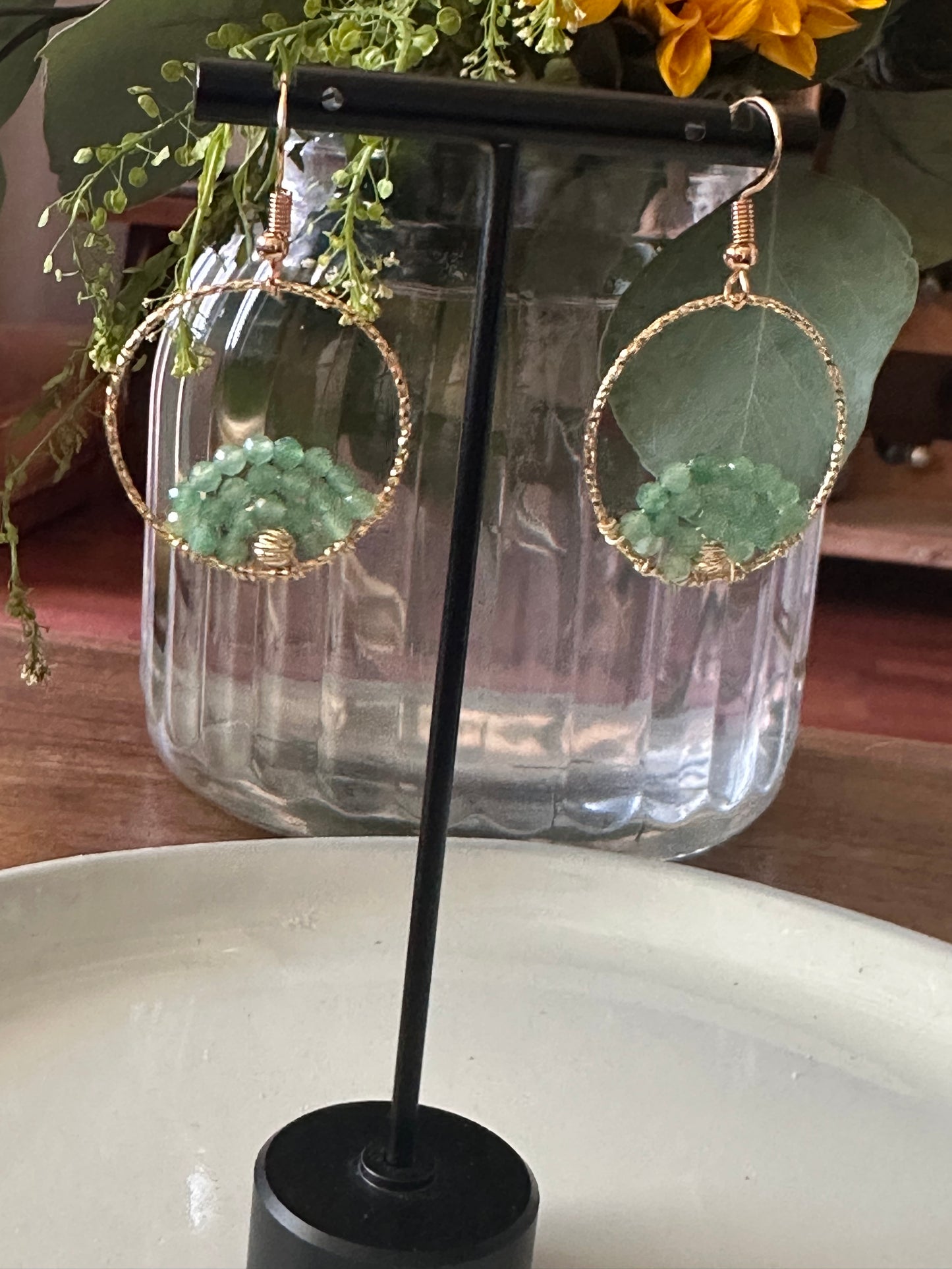 Dangle and Drop Earrings in Green and Gold.