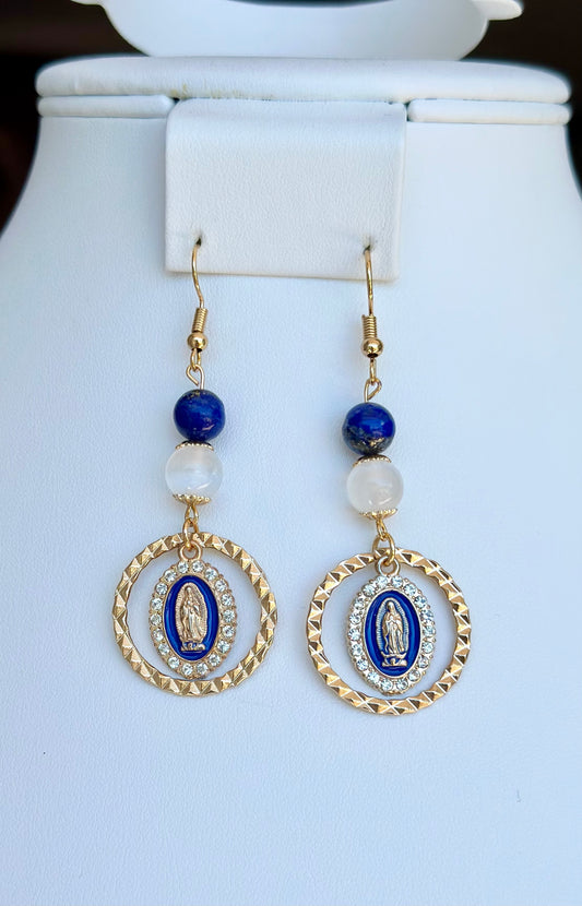 Virgen de Guadalupe Dangle and Drop Earrings in Blue and Clear