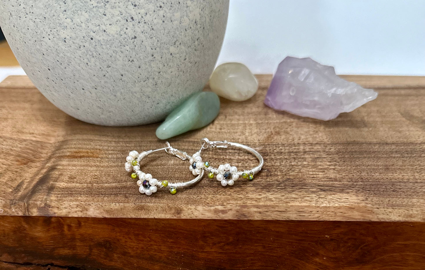 Hoop Earrings in Ivory Mother of Pearl Stones