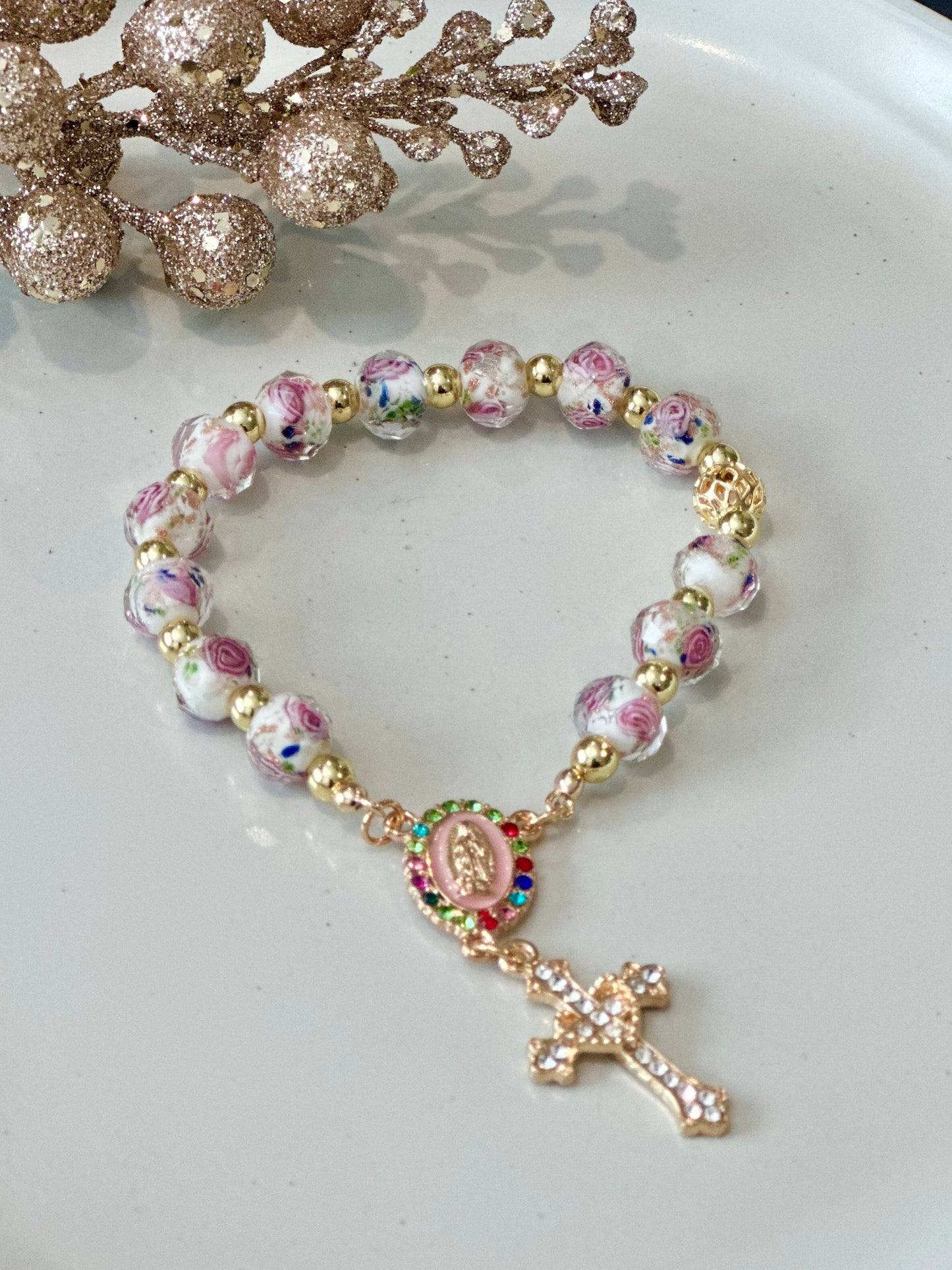 Rosary Bracelet in White and Pink.
