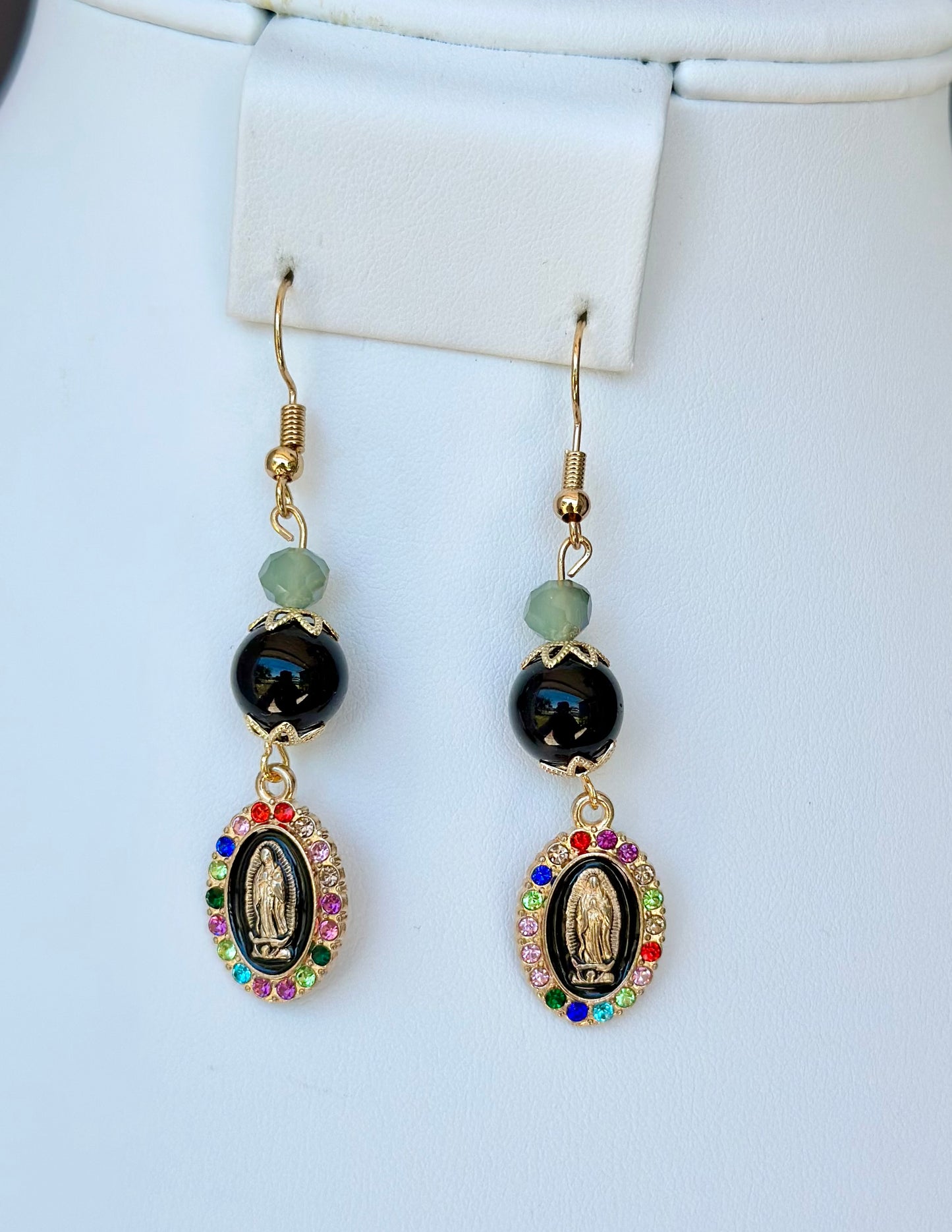 Virgen de Guadalupe Dangle and Drop Earrings in Black and Green