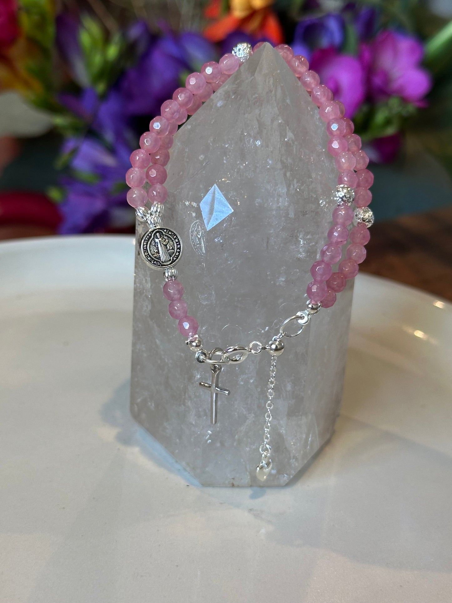 Rosary Bracelet in Pink and Silver.