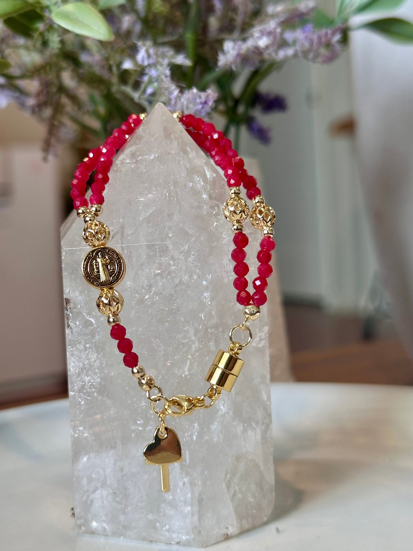 Rosary Bracelet in Red and Gold.