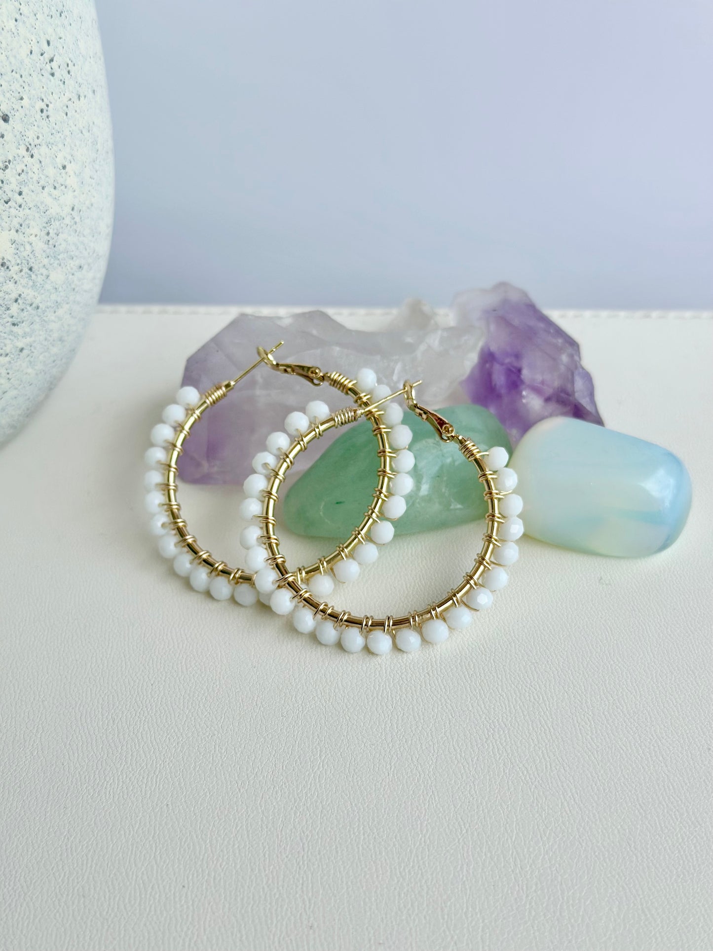 Hoop Earrings with White Glass Beads (30mm)