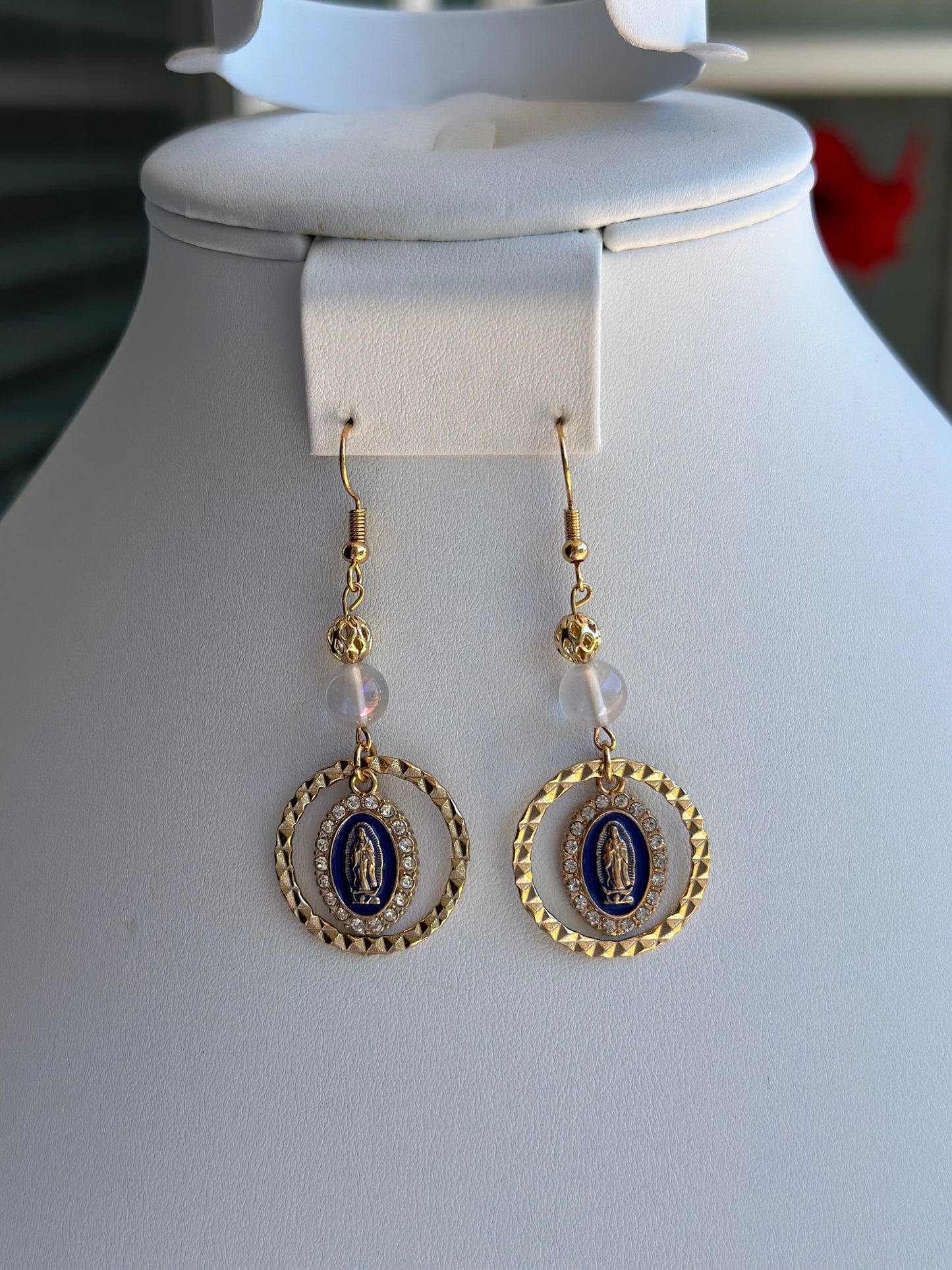 Virgen de Guadalupe Dangle and Drop Earrings in Blue and Clear