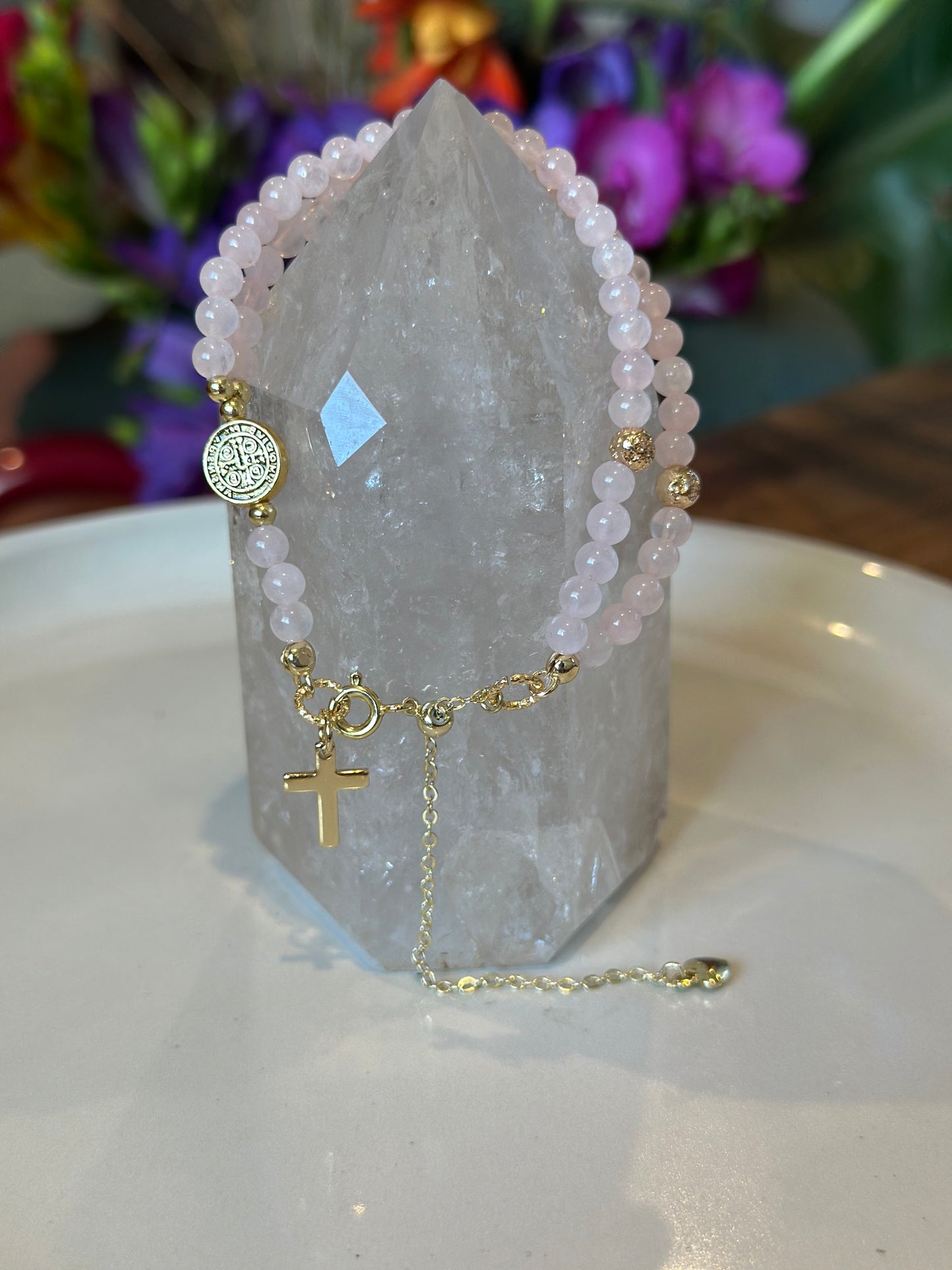 Rosary Bracelet in Pink and Gold.