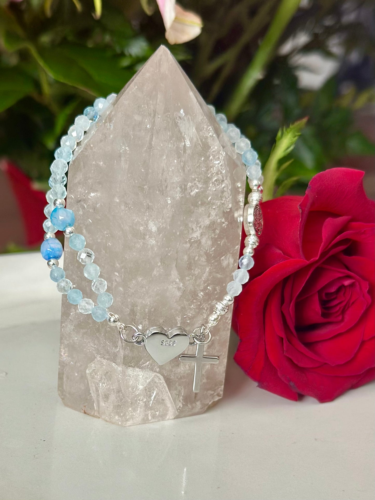 Rosary Bracelet in Light Blue and Silver