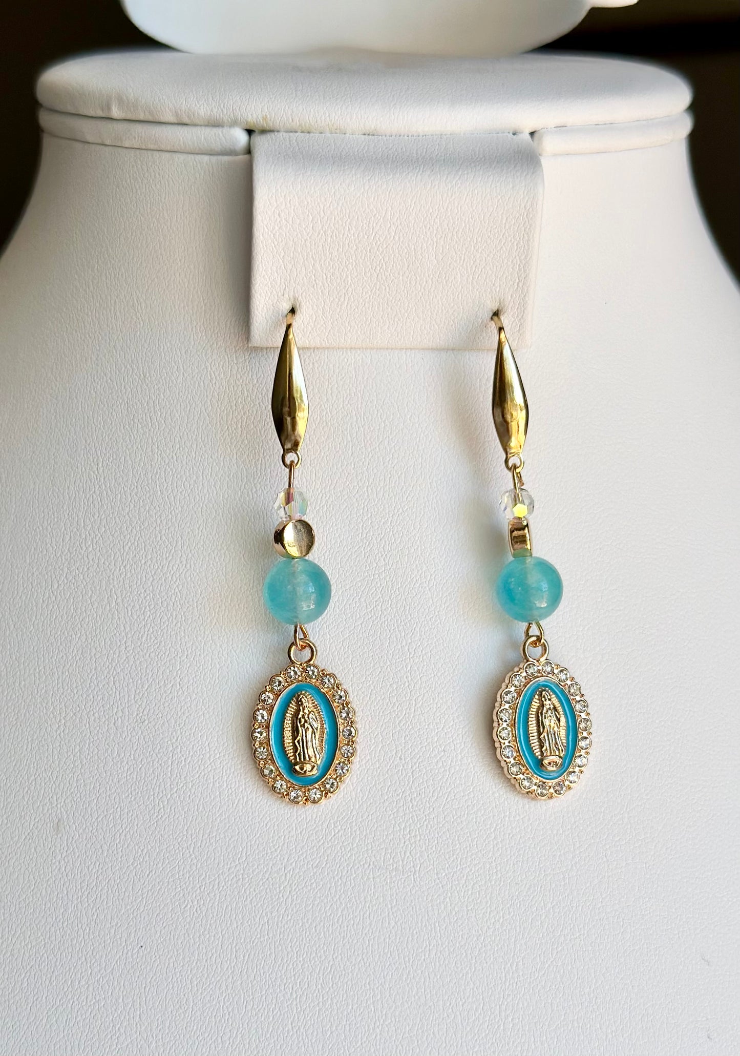 Virgen de Guadalupe Dangle and Drop Earrings in Blue