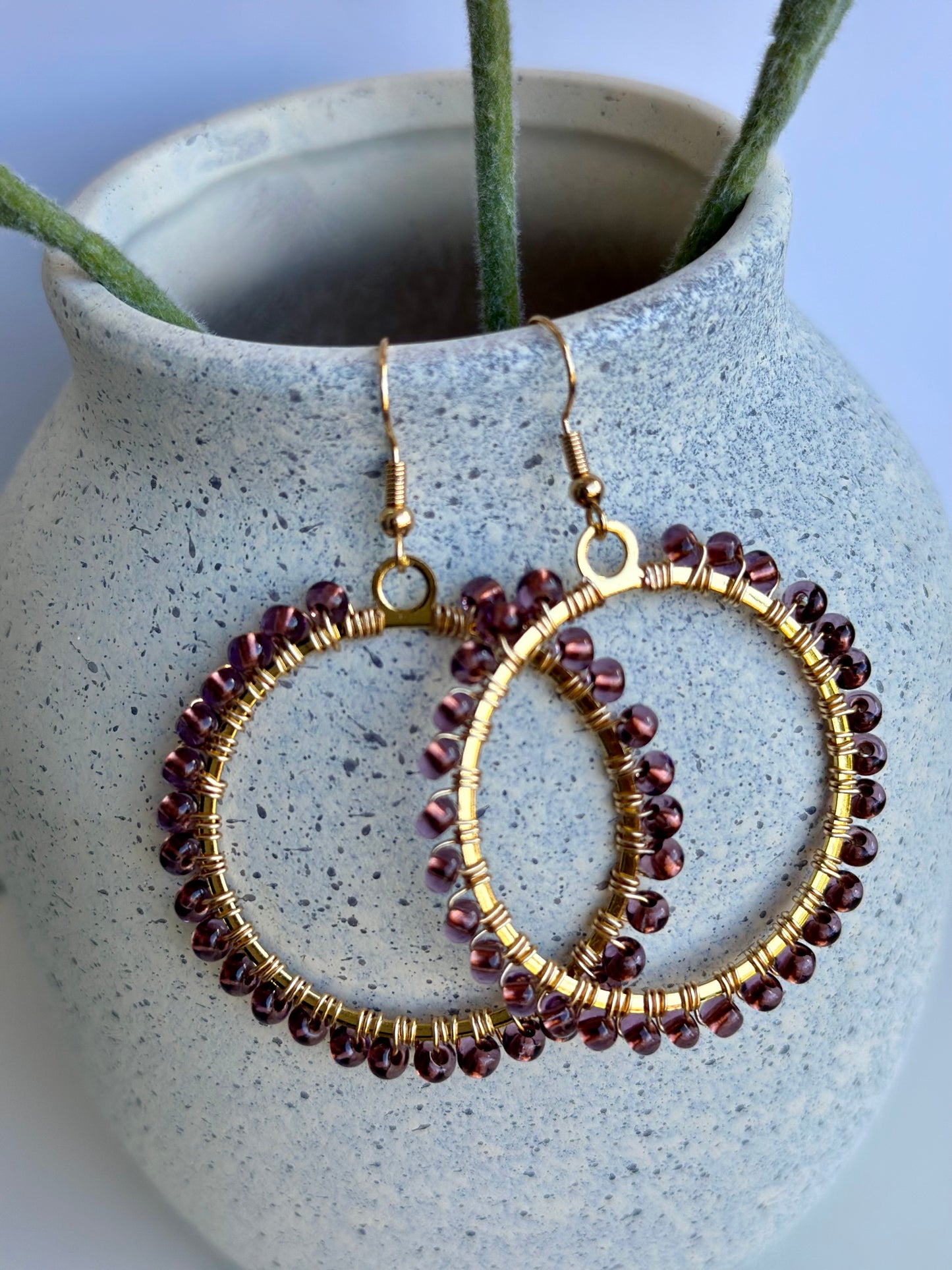 Dangle Hoops Earrings in Purple and Gold