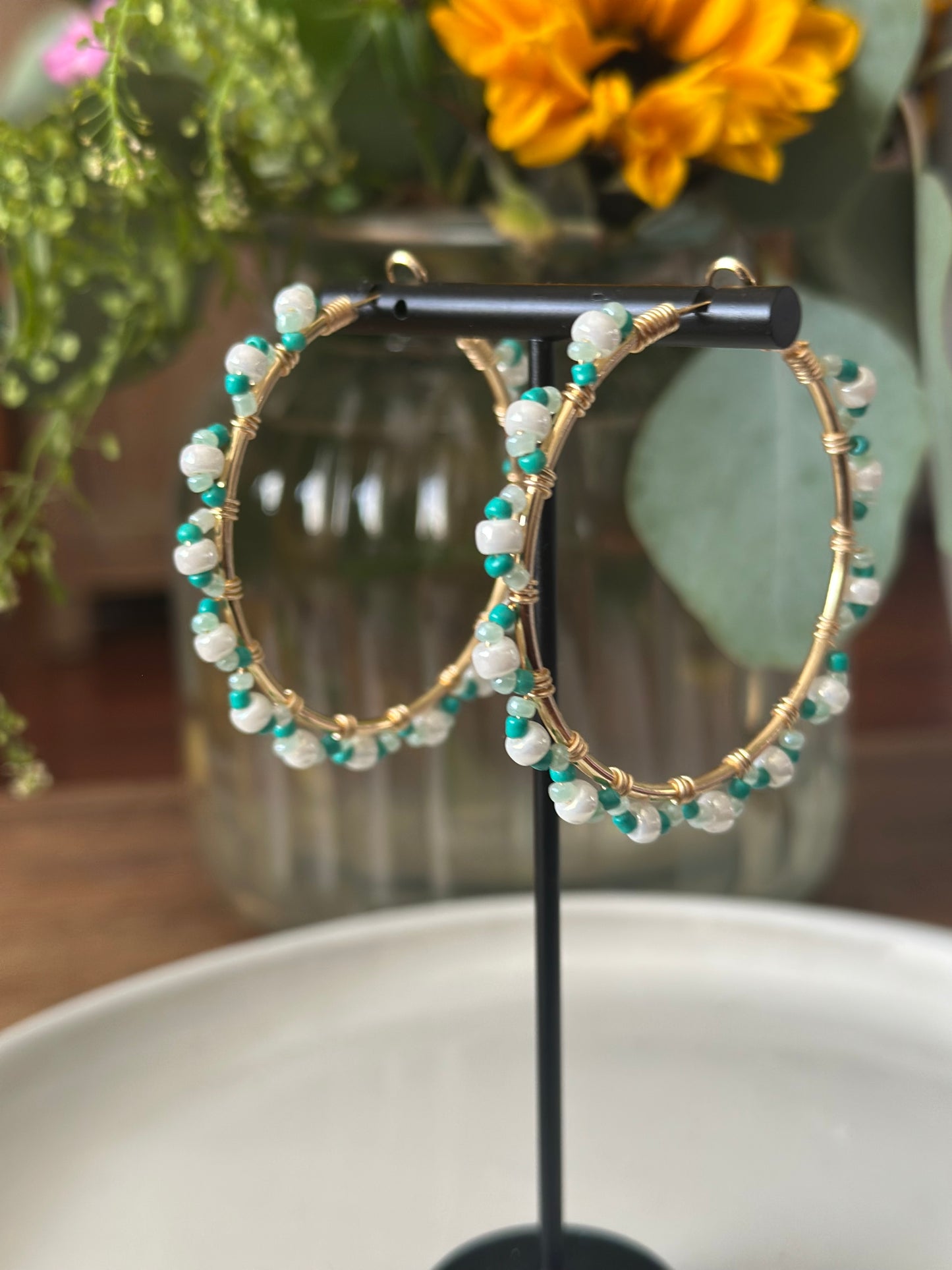 Hoop Earrings in White and Green