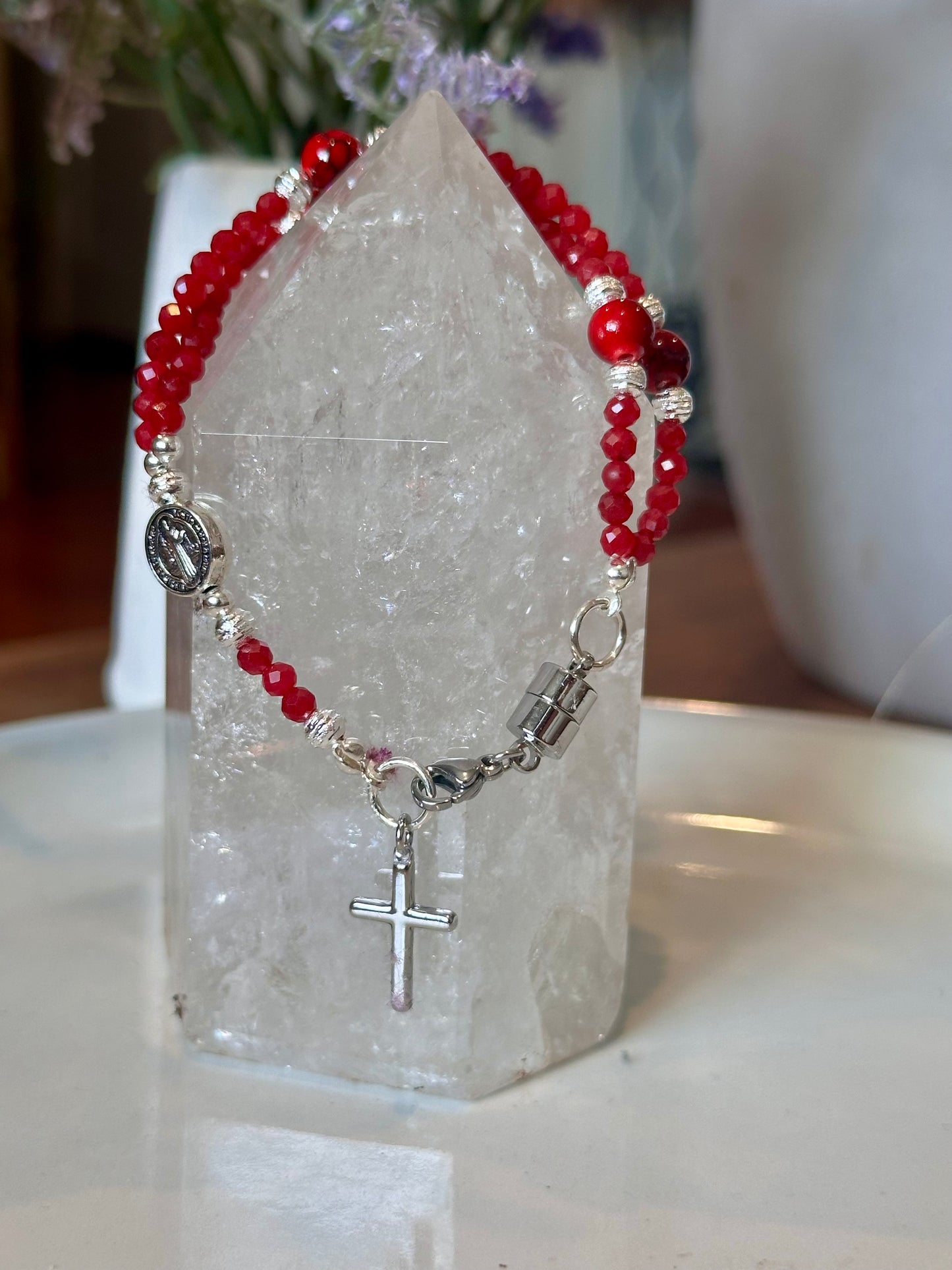 Rosary Bracelet in Red and Silver.