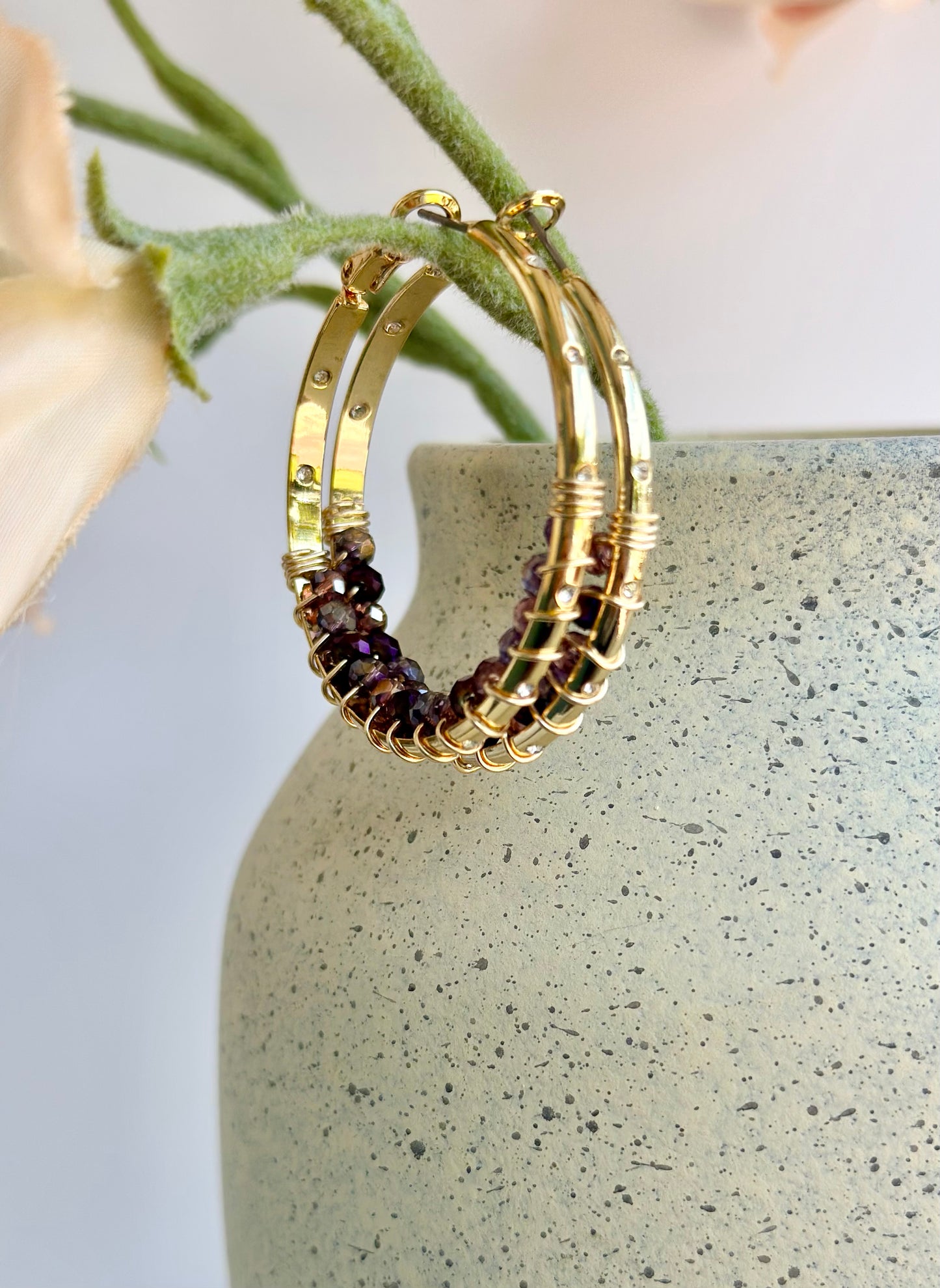 Hoop Earrings with Dark Purple Glass Beads (30mm)