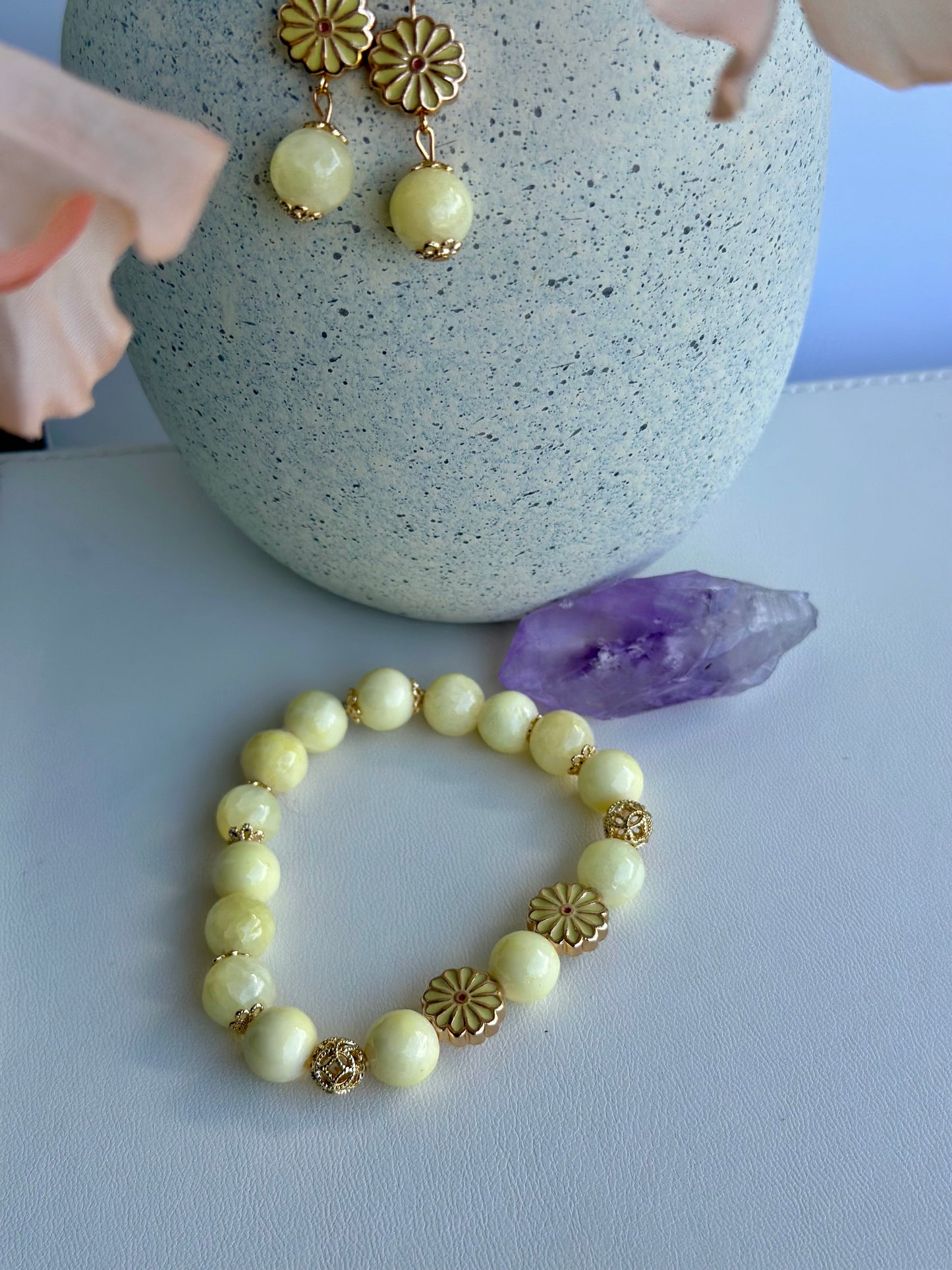 Bracelet and Earrings Set in Soft Yellow