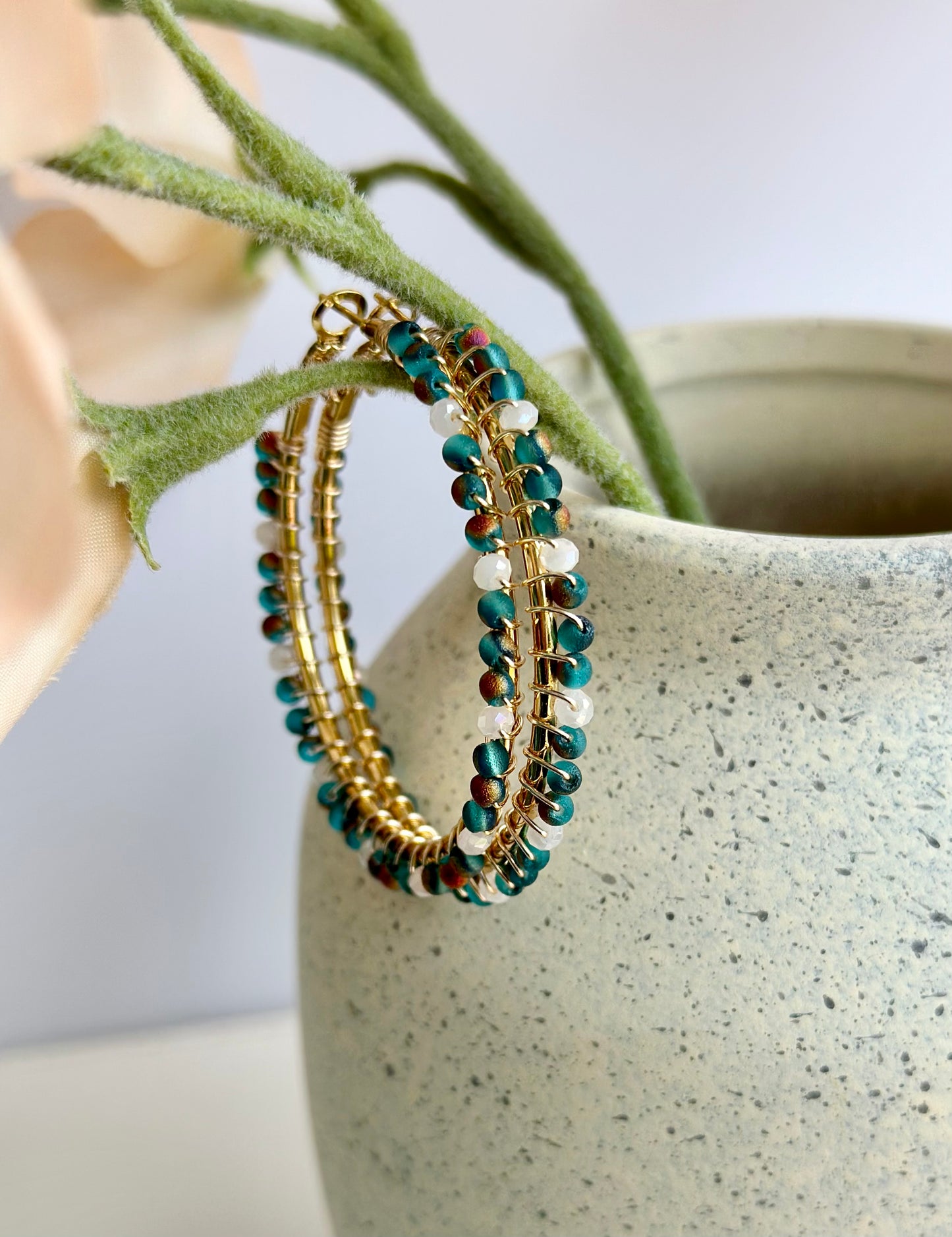 Hoop Earrings In Blue Green and White glass Beads (40mm)