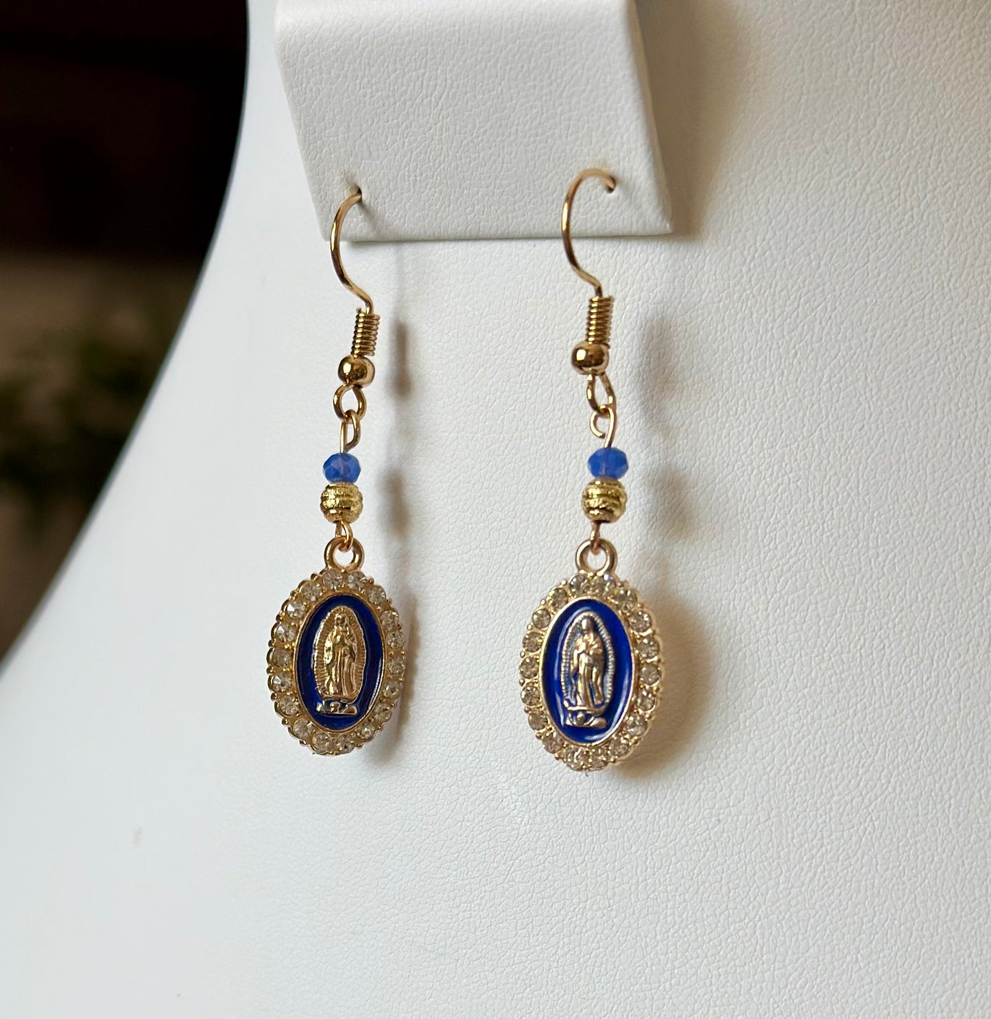 Virgen de Guadalupe Dangle and Drop Earrings in Blue