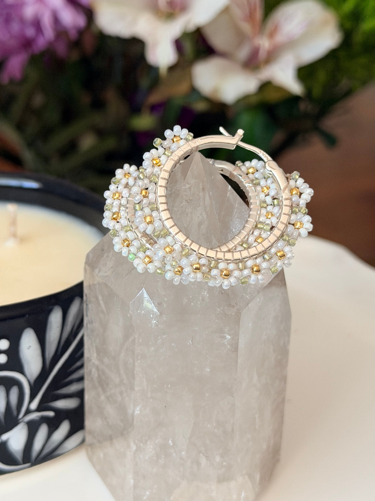 Hoop Earrings in White and Silver.