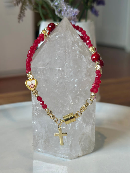 Rosary Bracelet in Red and Gold.