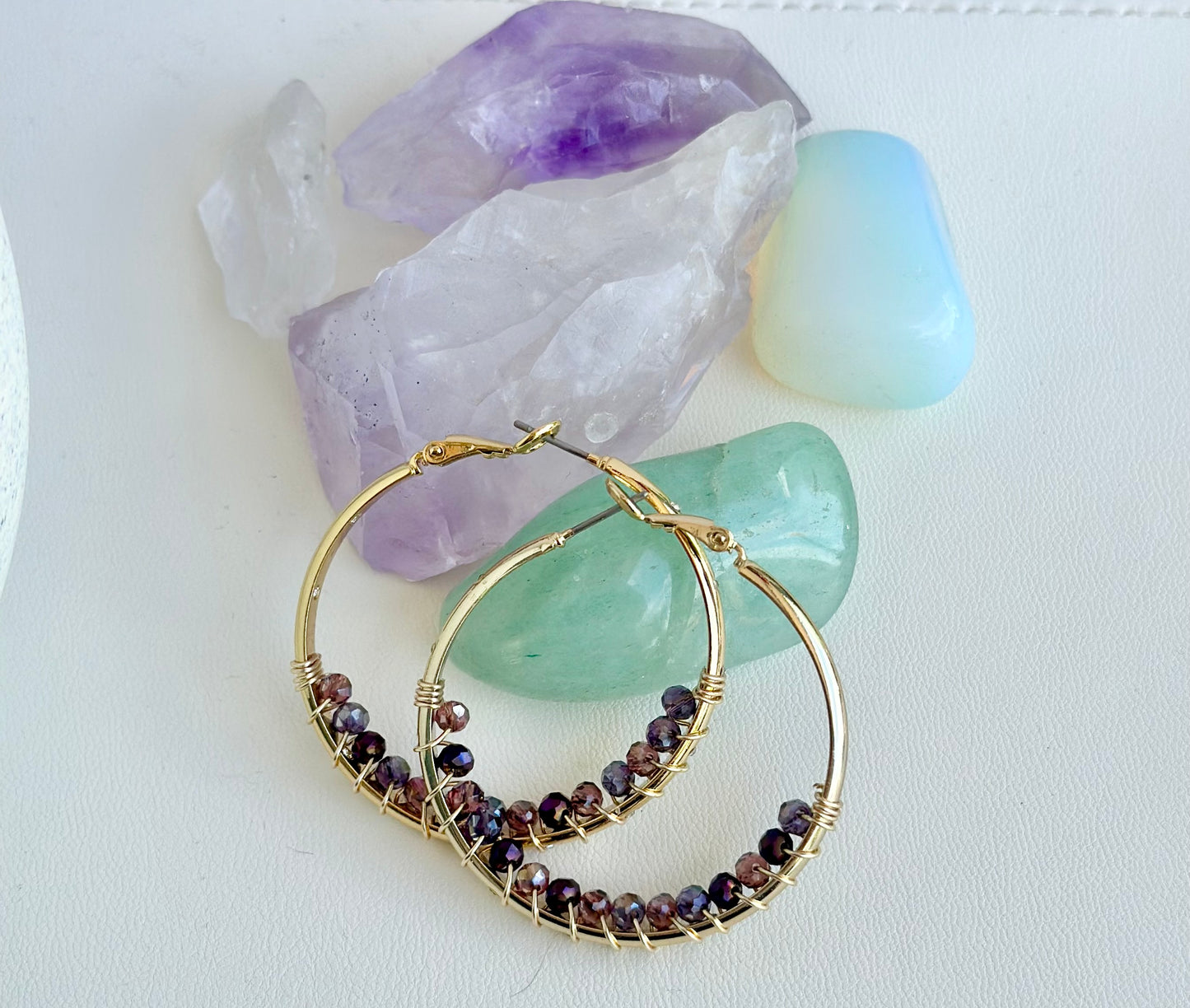 Hoop Earrings with Dark Purple Glass Beads (30mm)