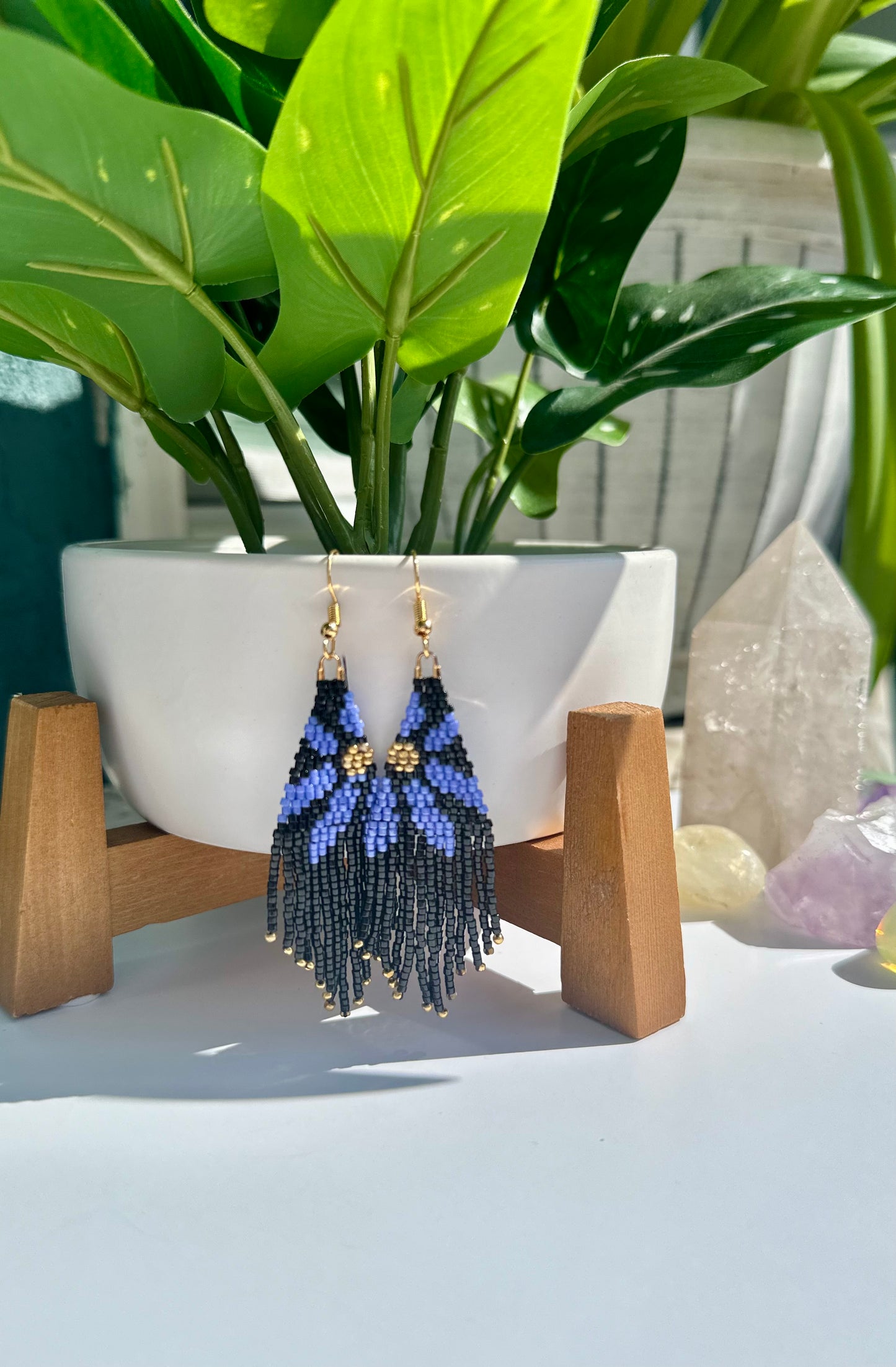 Beaded Fringe Earrings in Black, Blue, and Gold