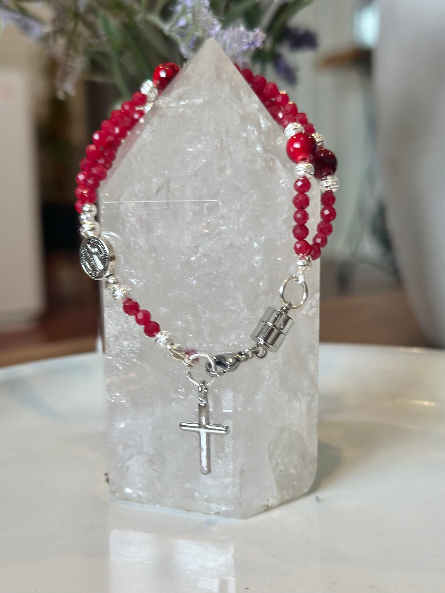 Rosary Bracelet in Red and Silver.