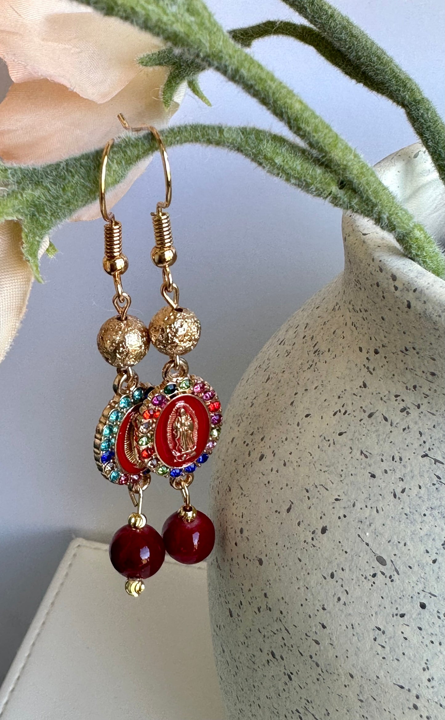 Virgen de Guadalupe Earrings in Dark Red Dyed Quartz