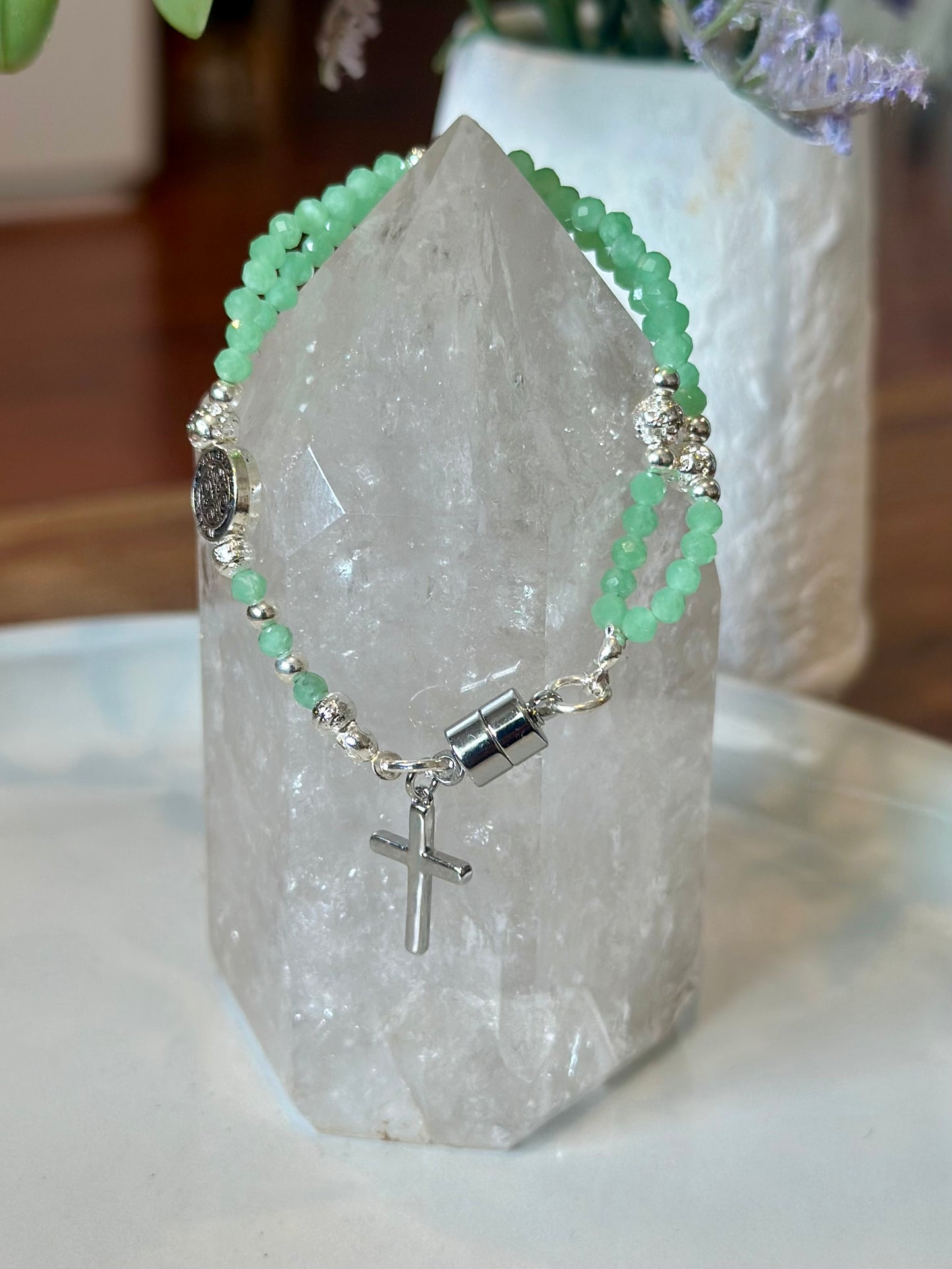 Rosary Bracelet in Green and Silver.