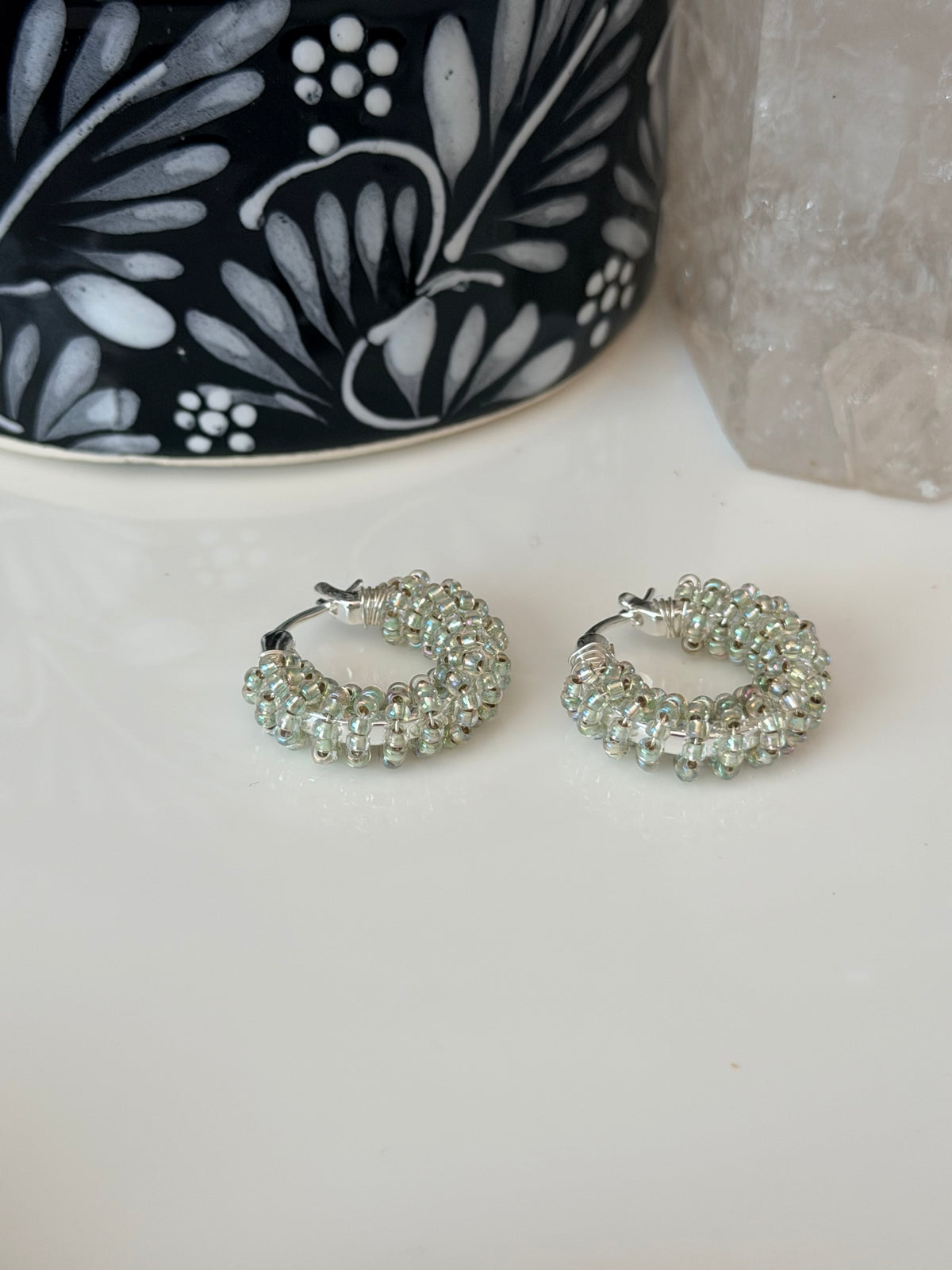 Hoop Earrings in Silver and Translucent Mint Green.