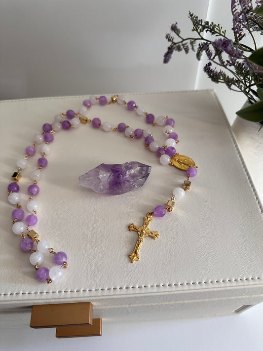 Rosary made of Lavender Jade and White Quartz Gemstones
