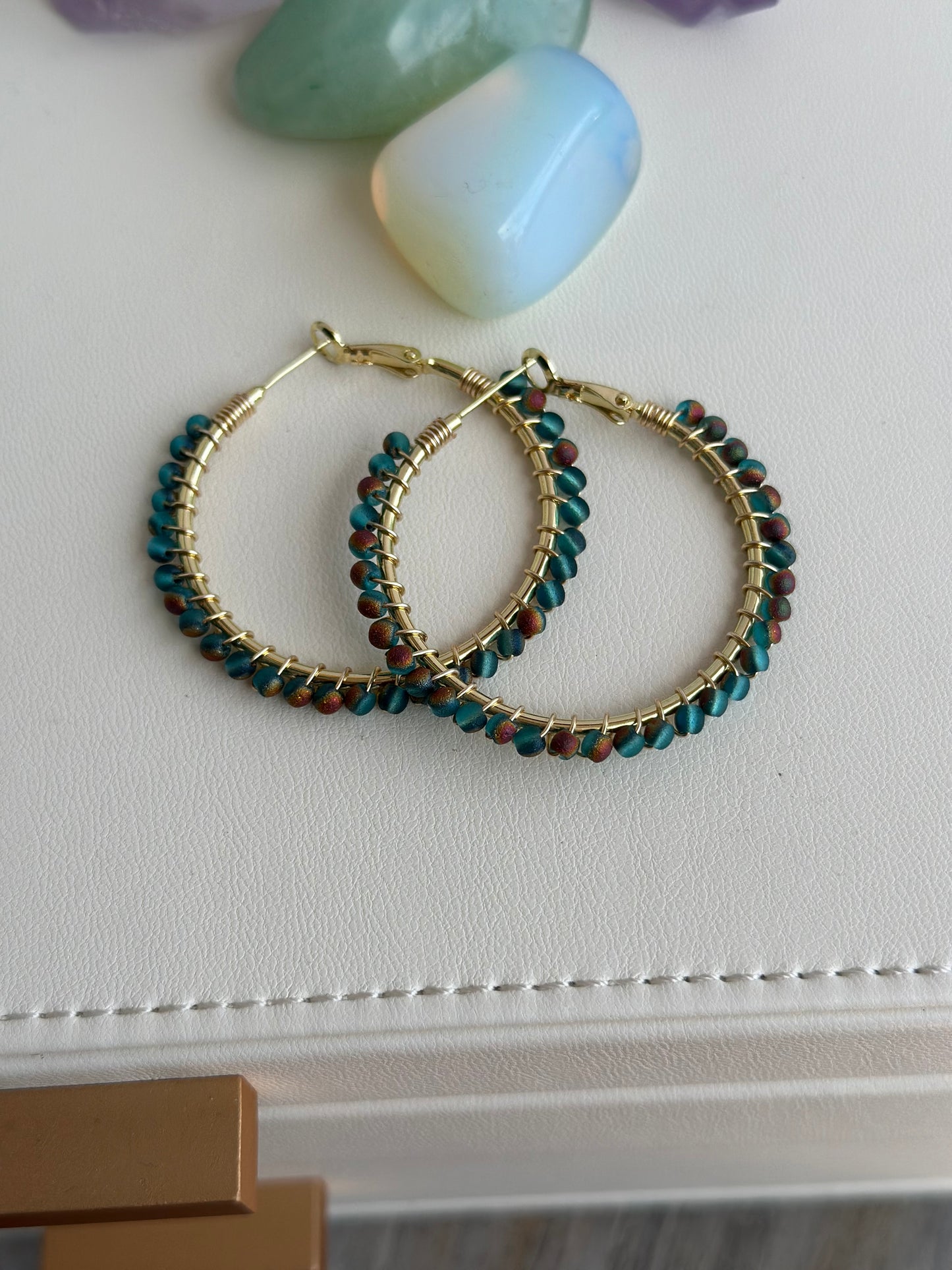 Hoop Earrings with Blue Green Glass Beads (30mm)