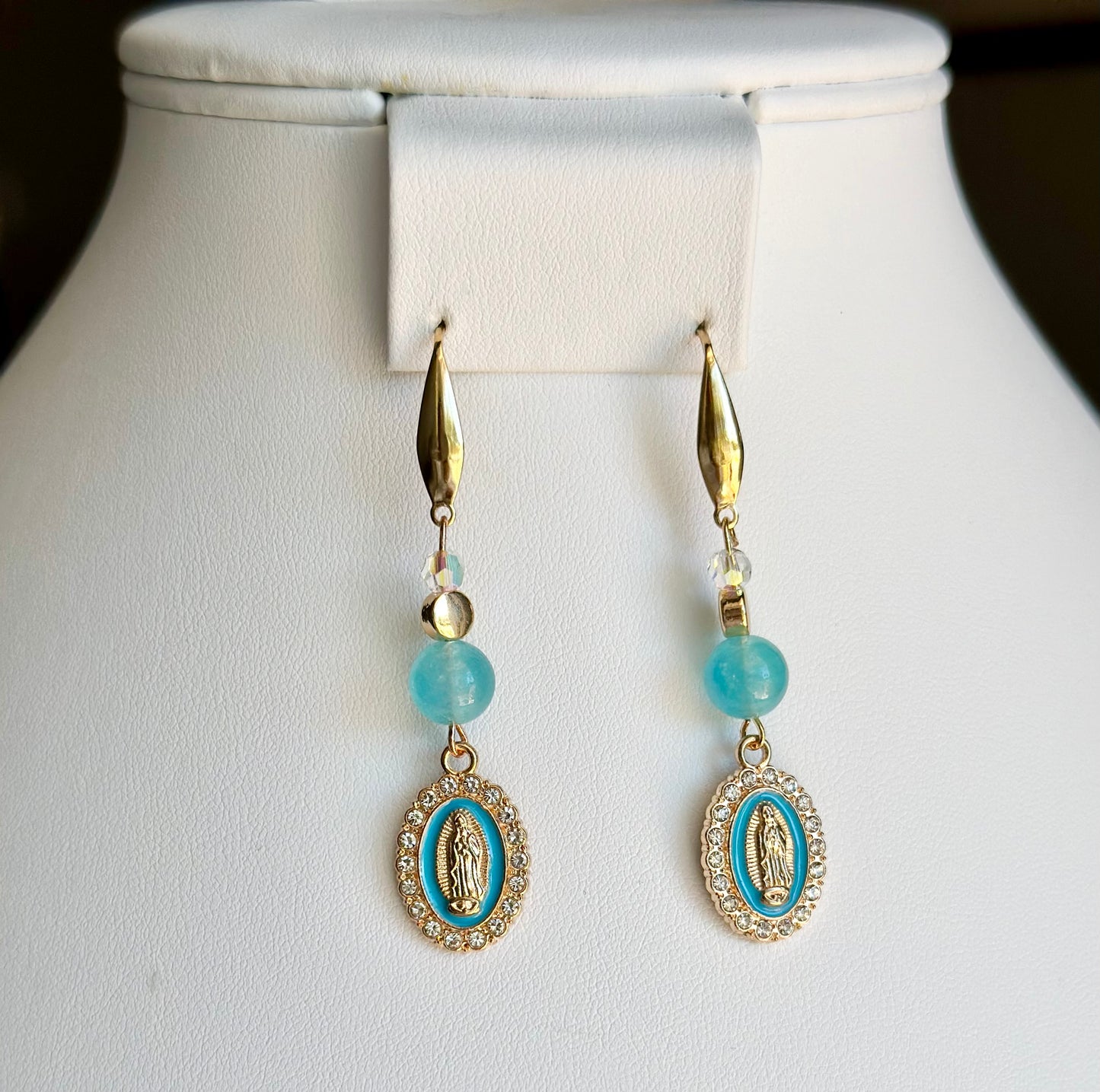 Virgen de Guadalupe Dangle and Drop Earrings in Blue