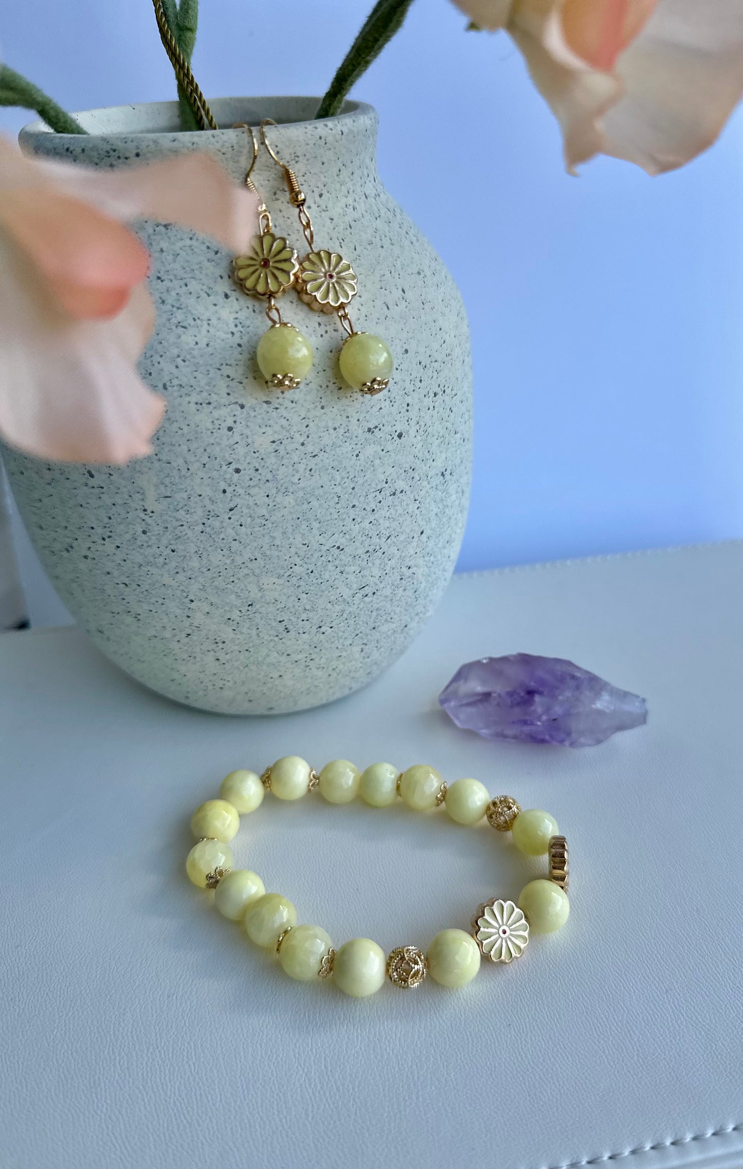 Bracelet and Earrings Set in Soft Yellow