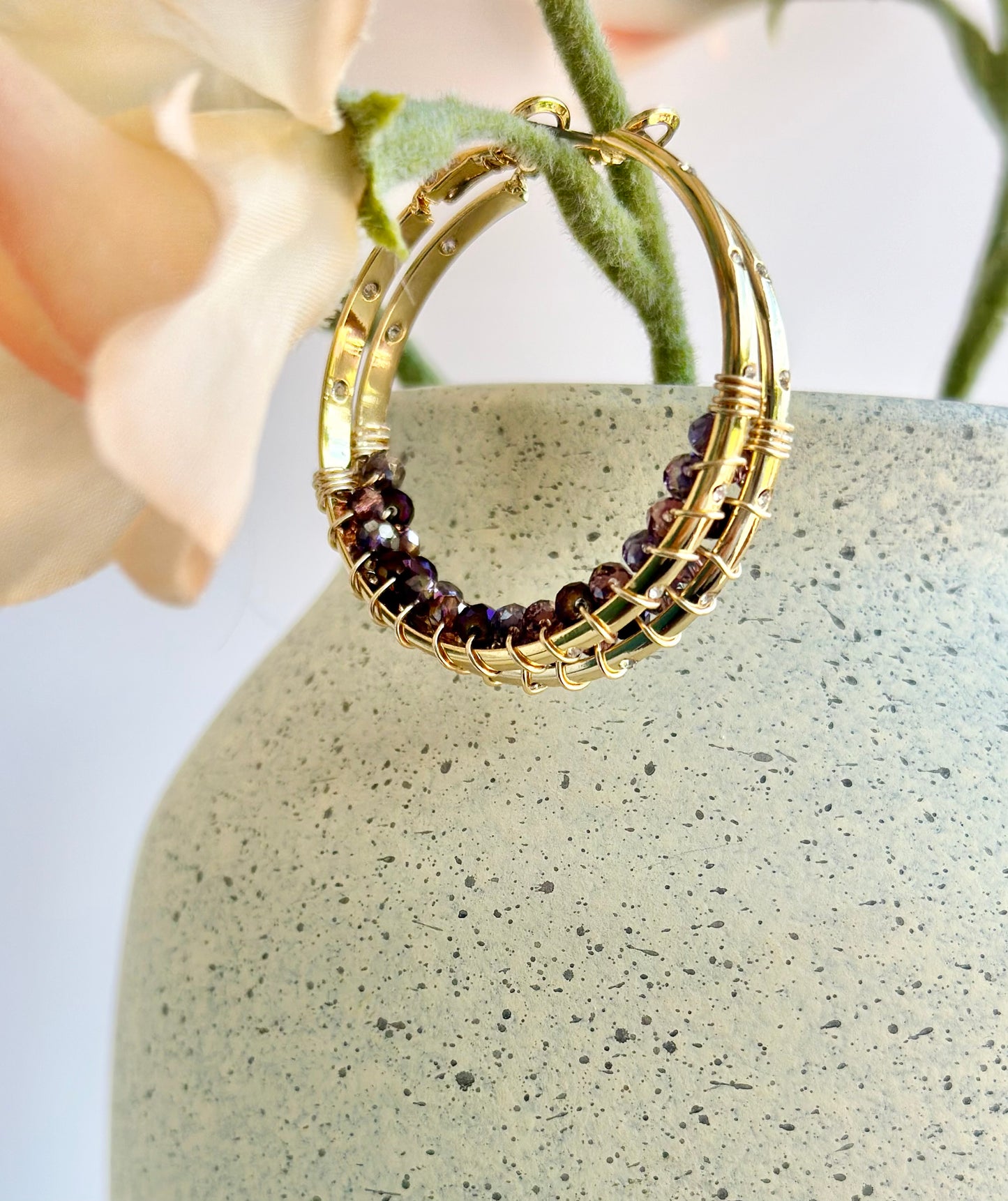 Hoop Earrings with Dark Purple Glass Beads (30mm)