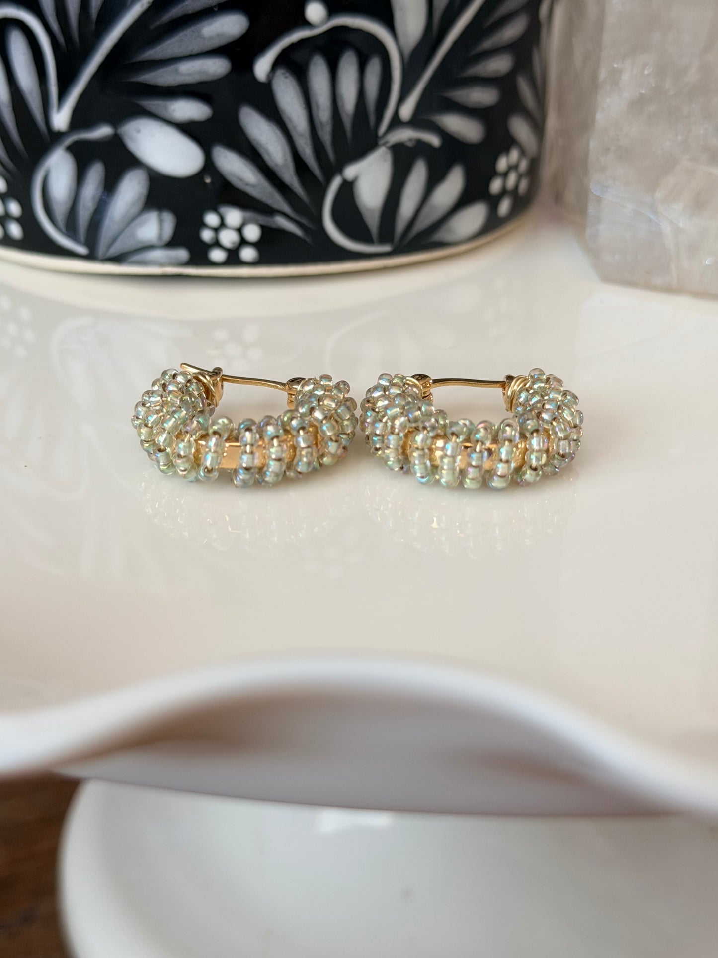 Hoop Earrings in Gold and Translucent Mint Green